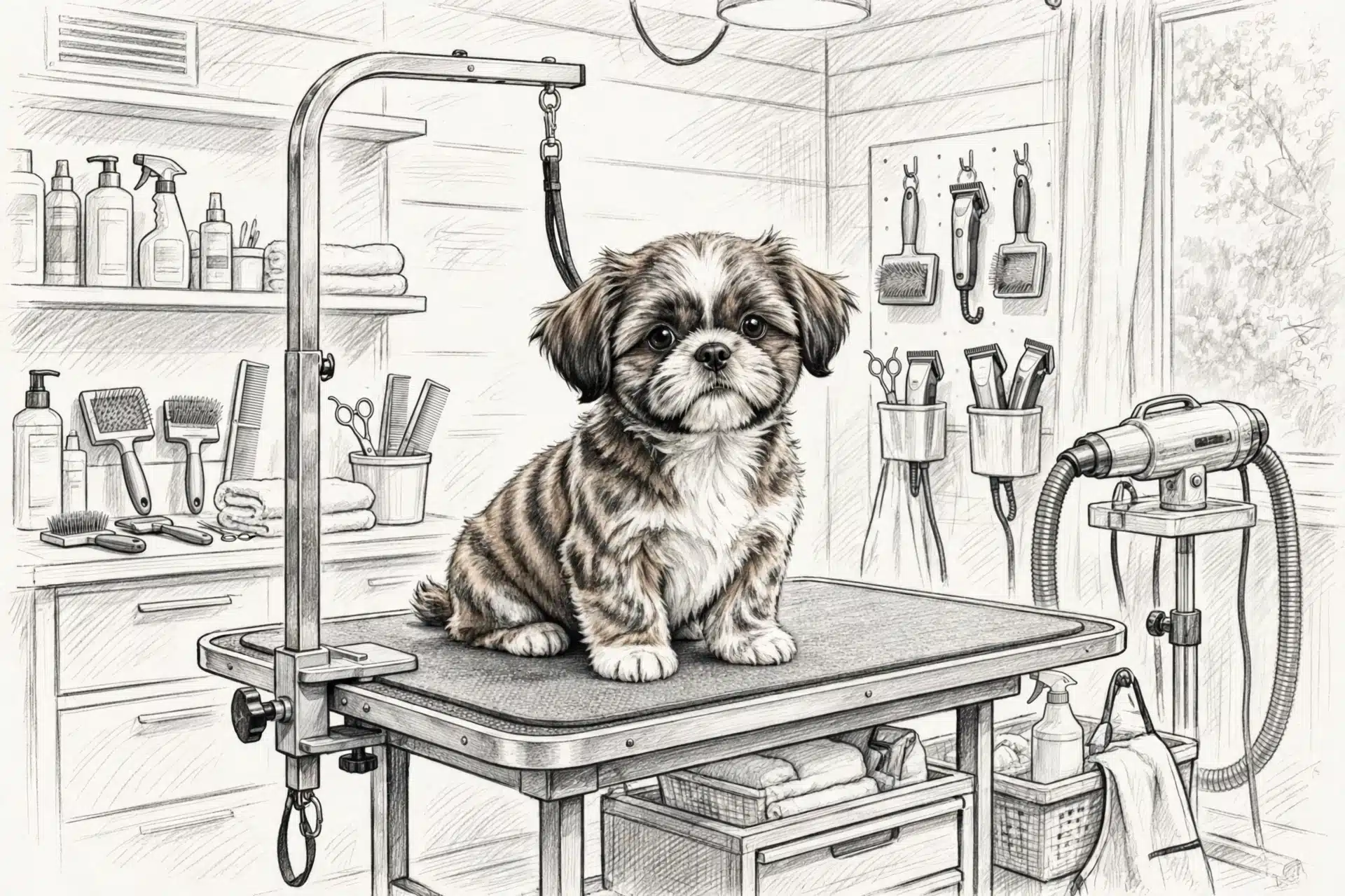 Brindle Shih Tzu puppy on grooming table