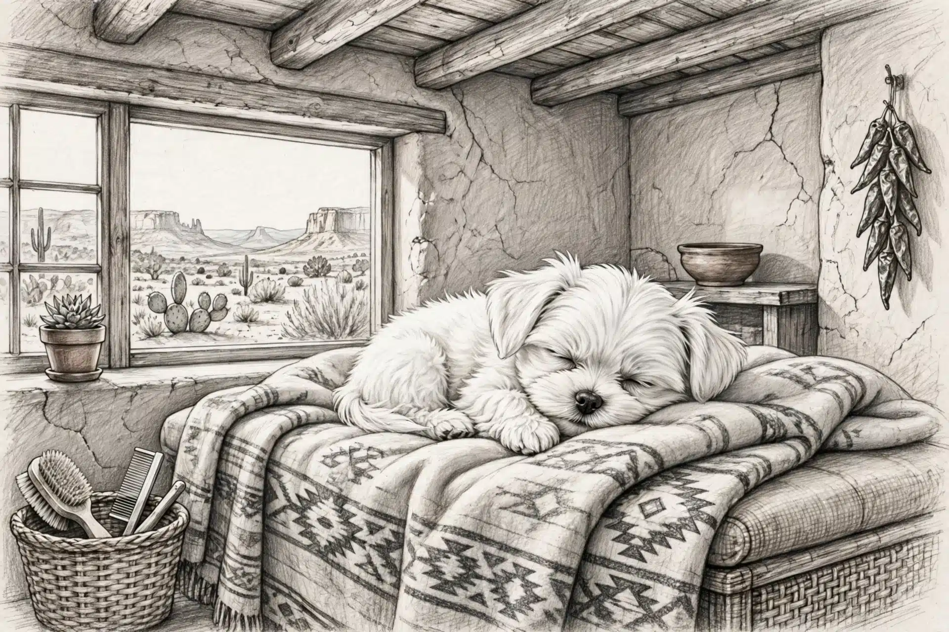 Maltese puppy resting on a woven blanket