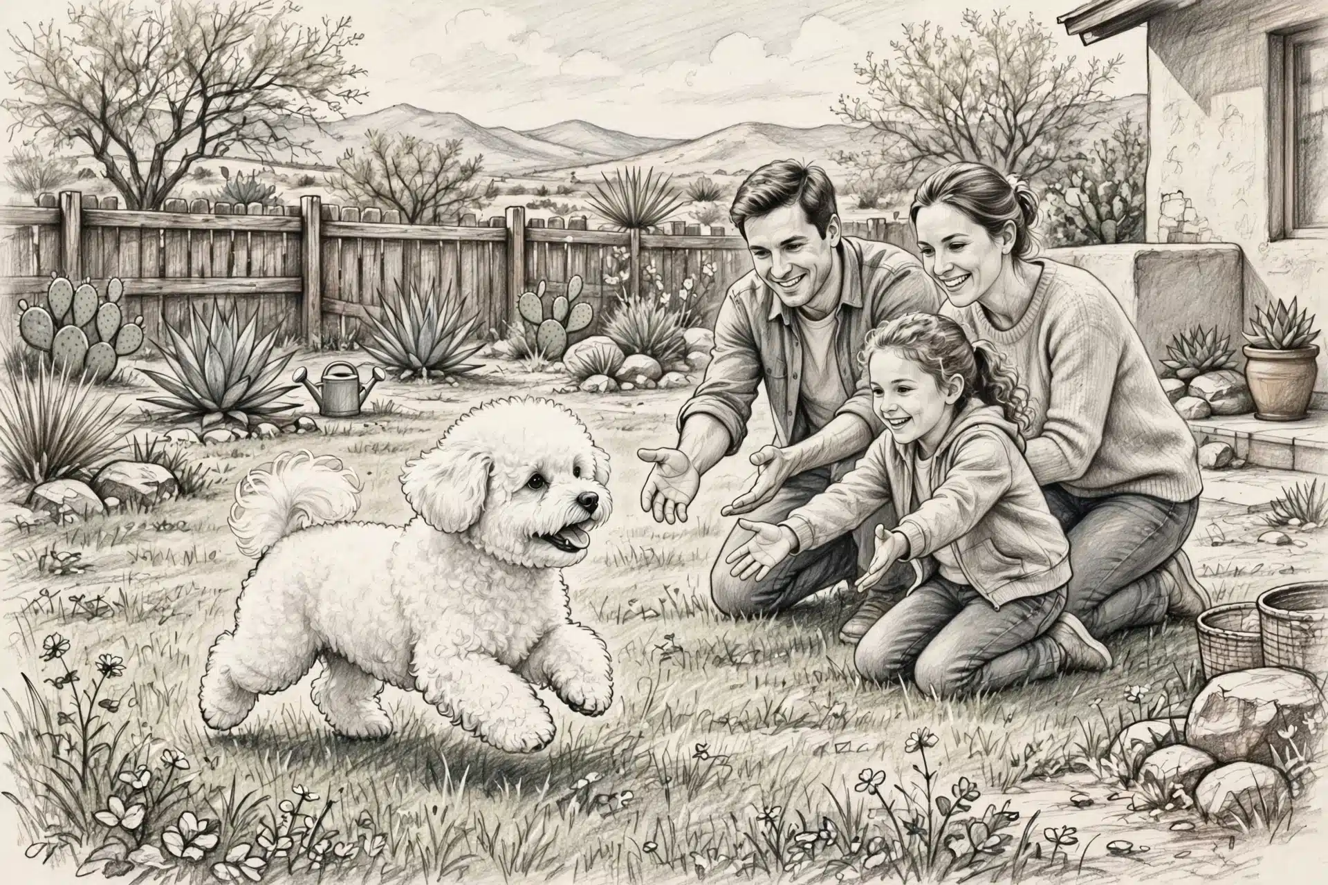 Fluffy white Bichon Frise puppy trotting toward family