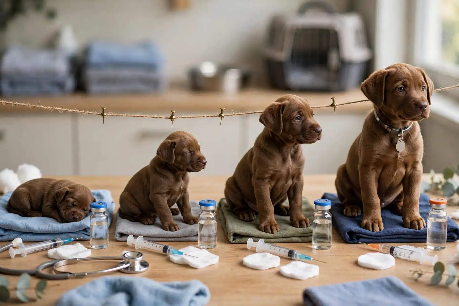 Puppy vaccine timeline chart with syringes and calendar