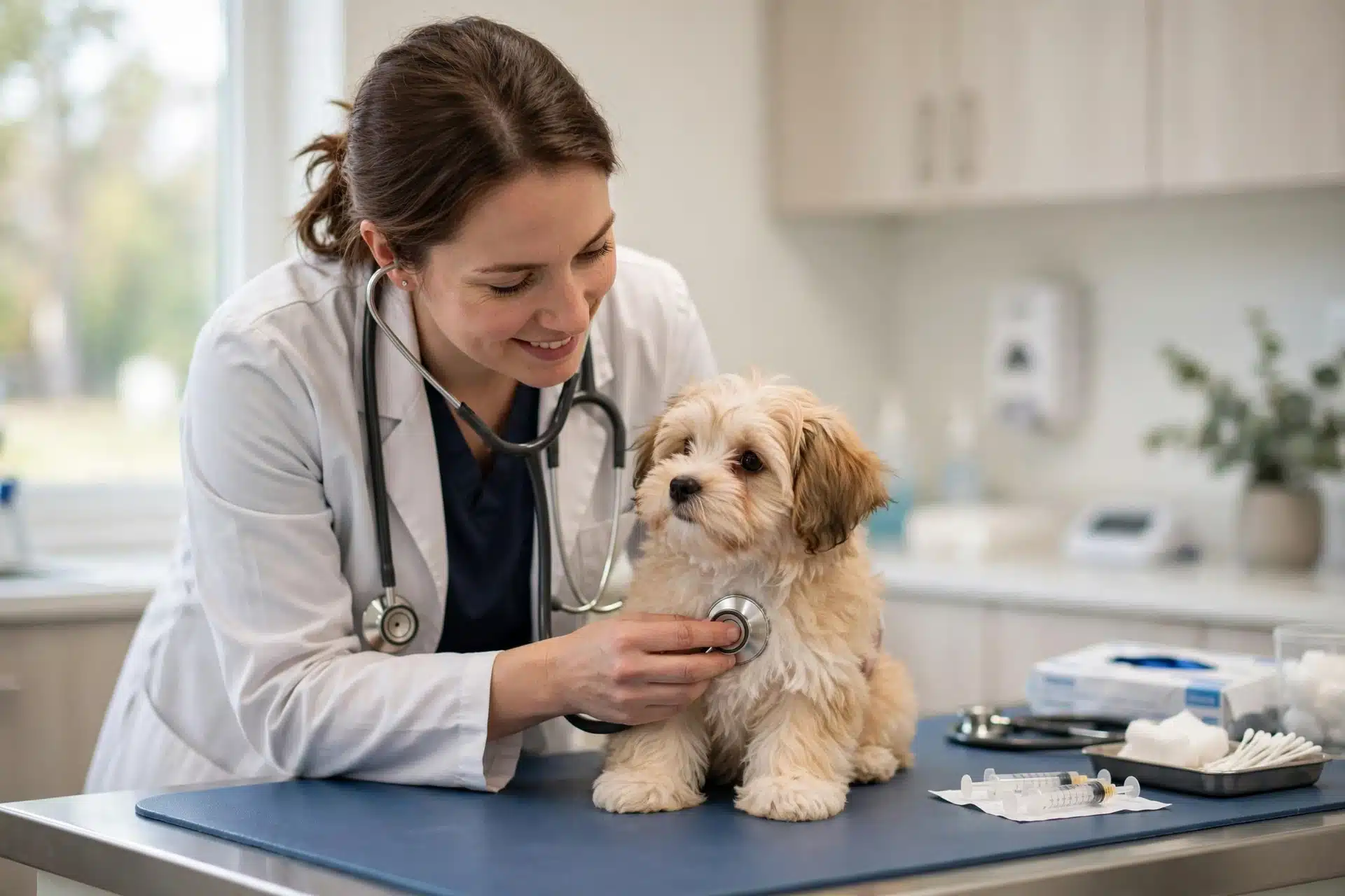 A veterinarian examines a small Havanese puppy on a clinic table