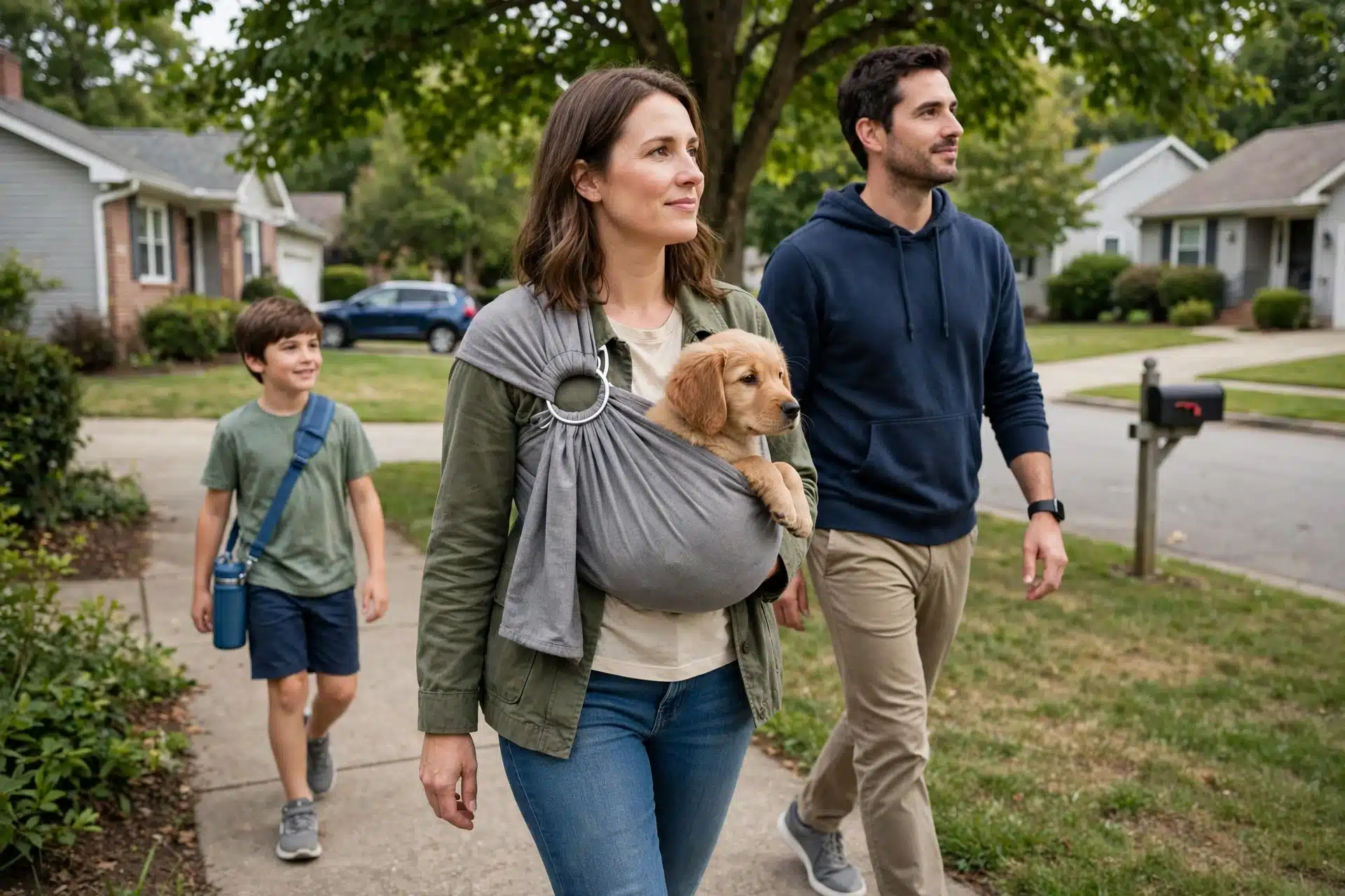 Puppy in sling during family neighborhood walk