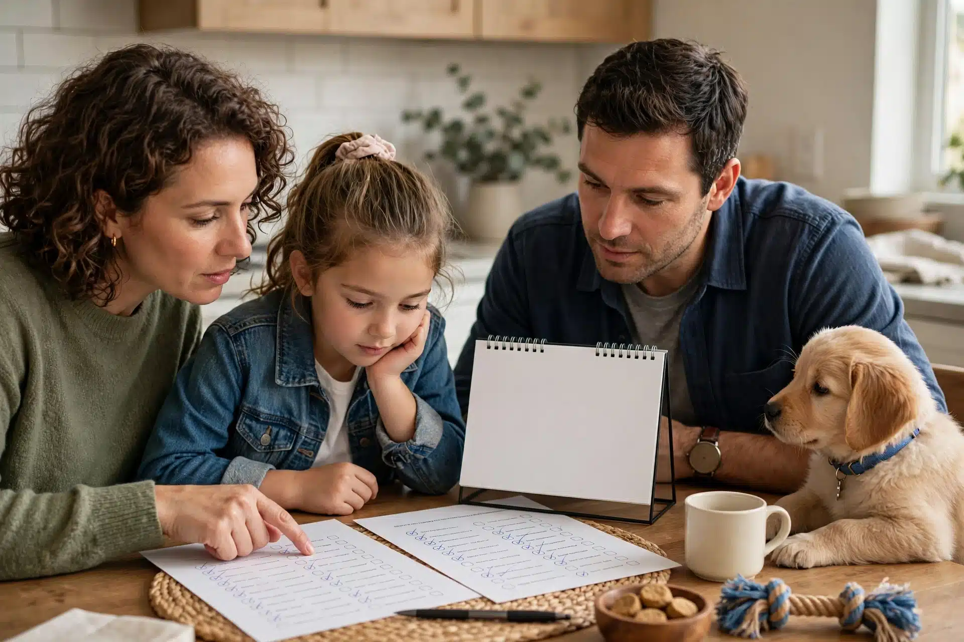 Family reviewing puppy vaccine record at kitchen table