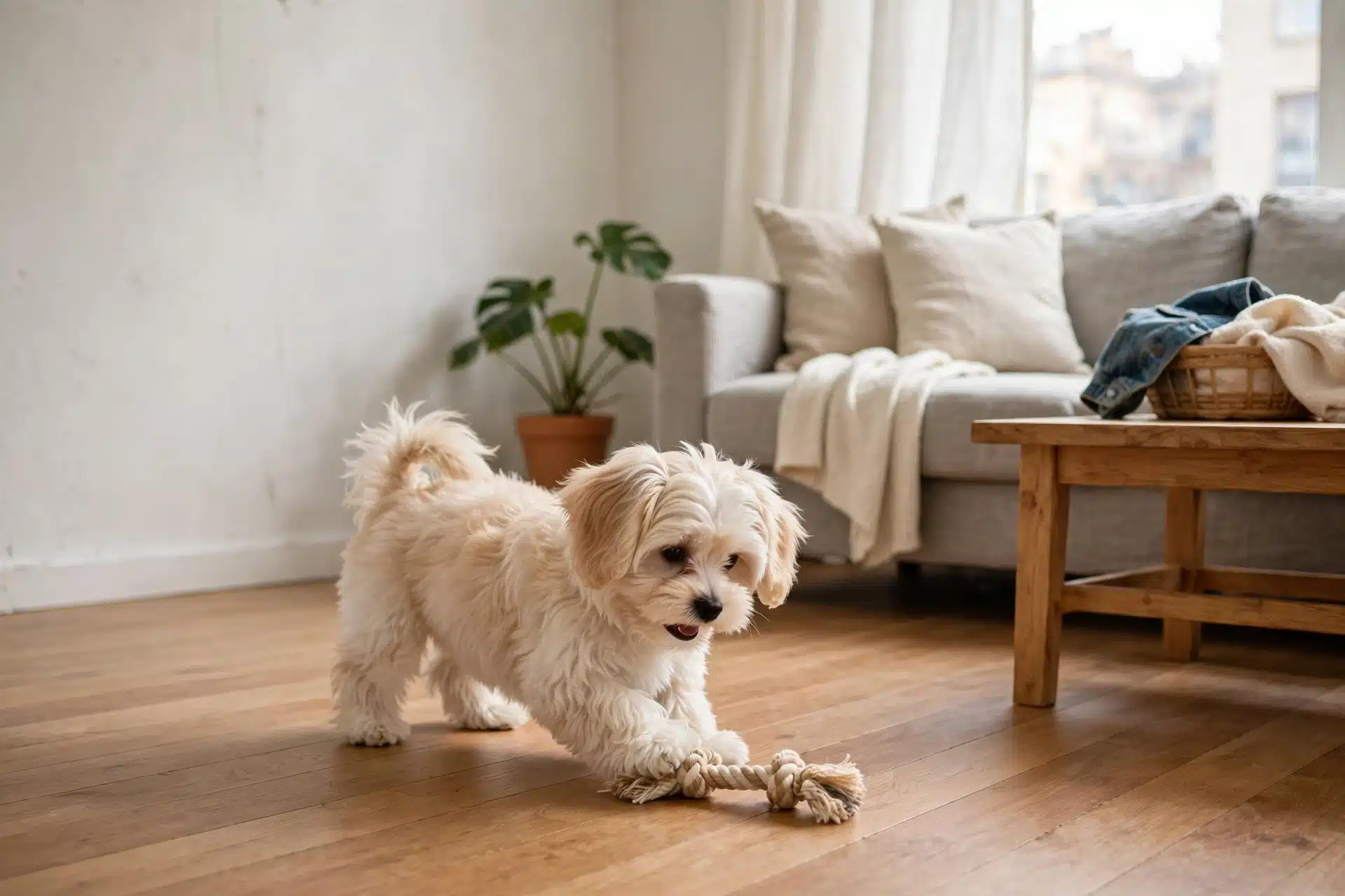 Fluffy cream Havanese puppy playing on hardwood floor