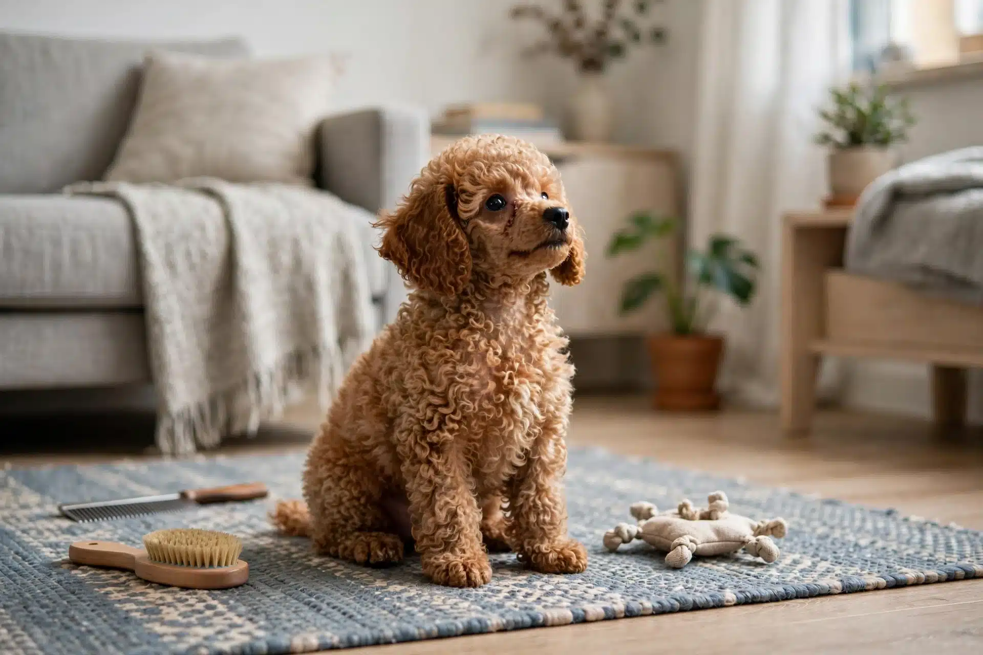 Apricot Toy Poodle puppy sitting on living room rug