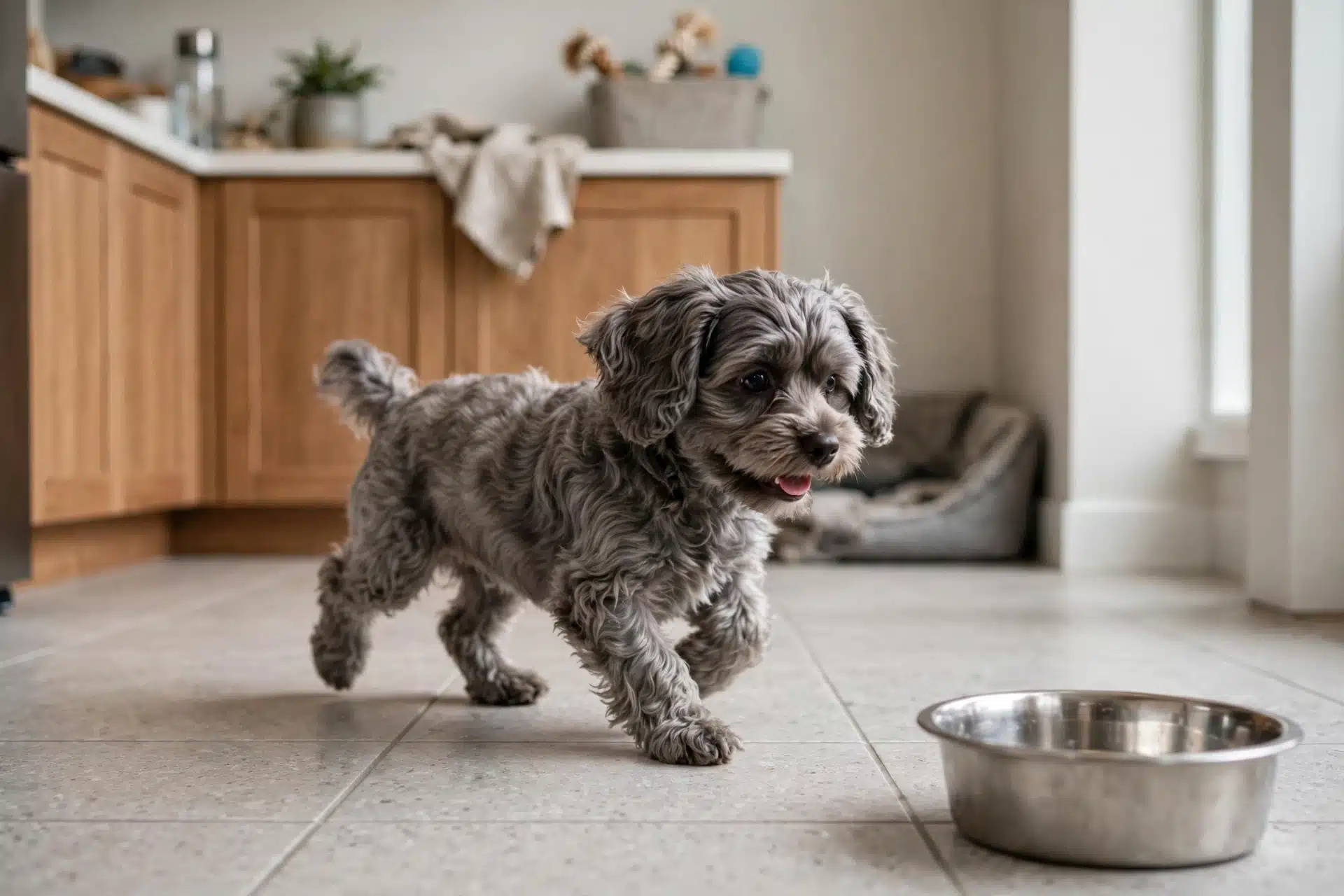 Gray Havapoo puppy trotting toward food bowl