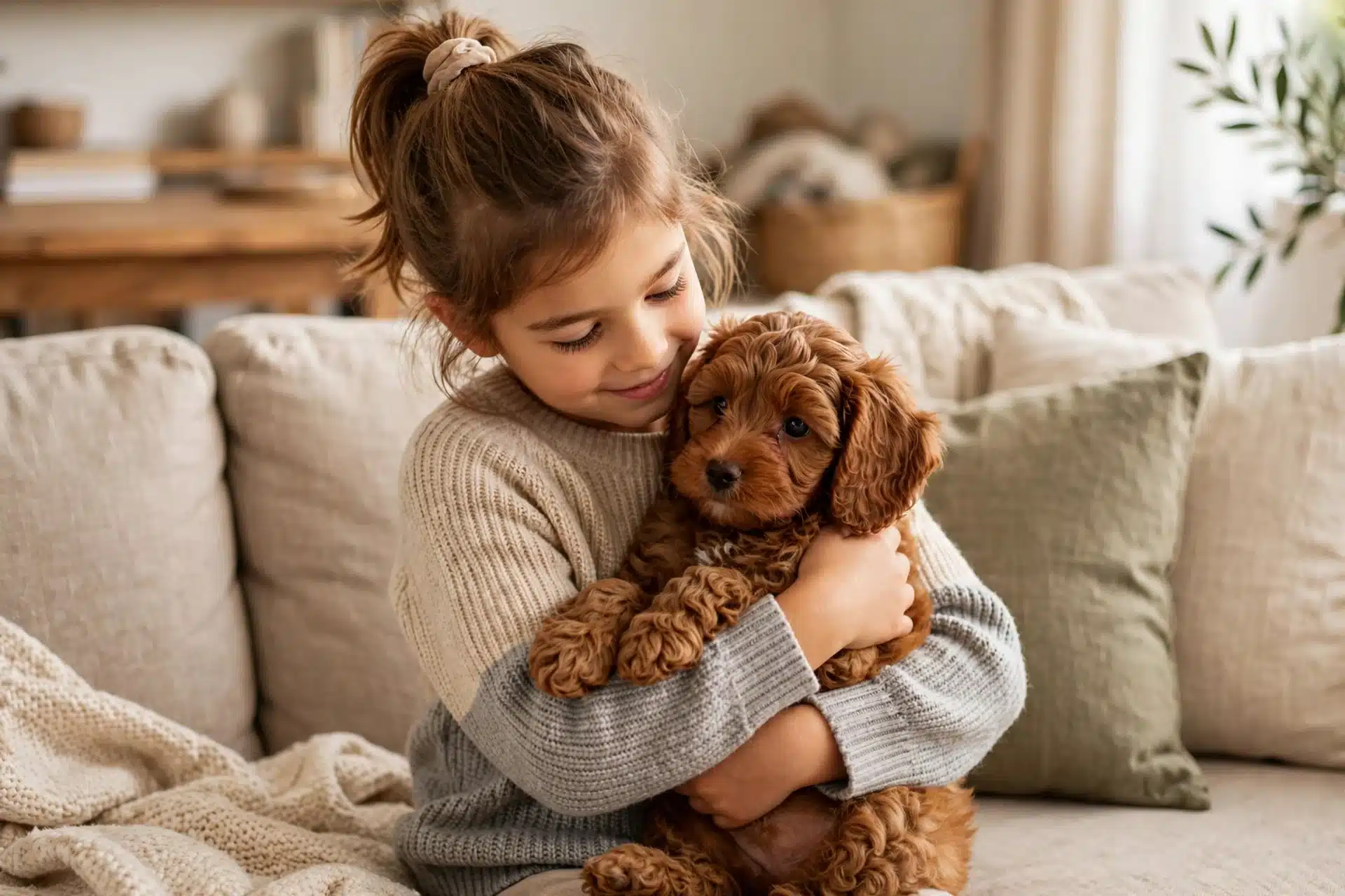 A child holds a red Cavapoo puppy on a sofa