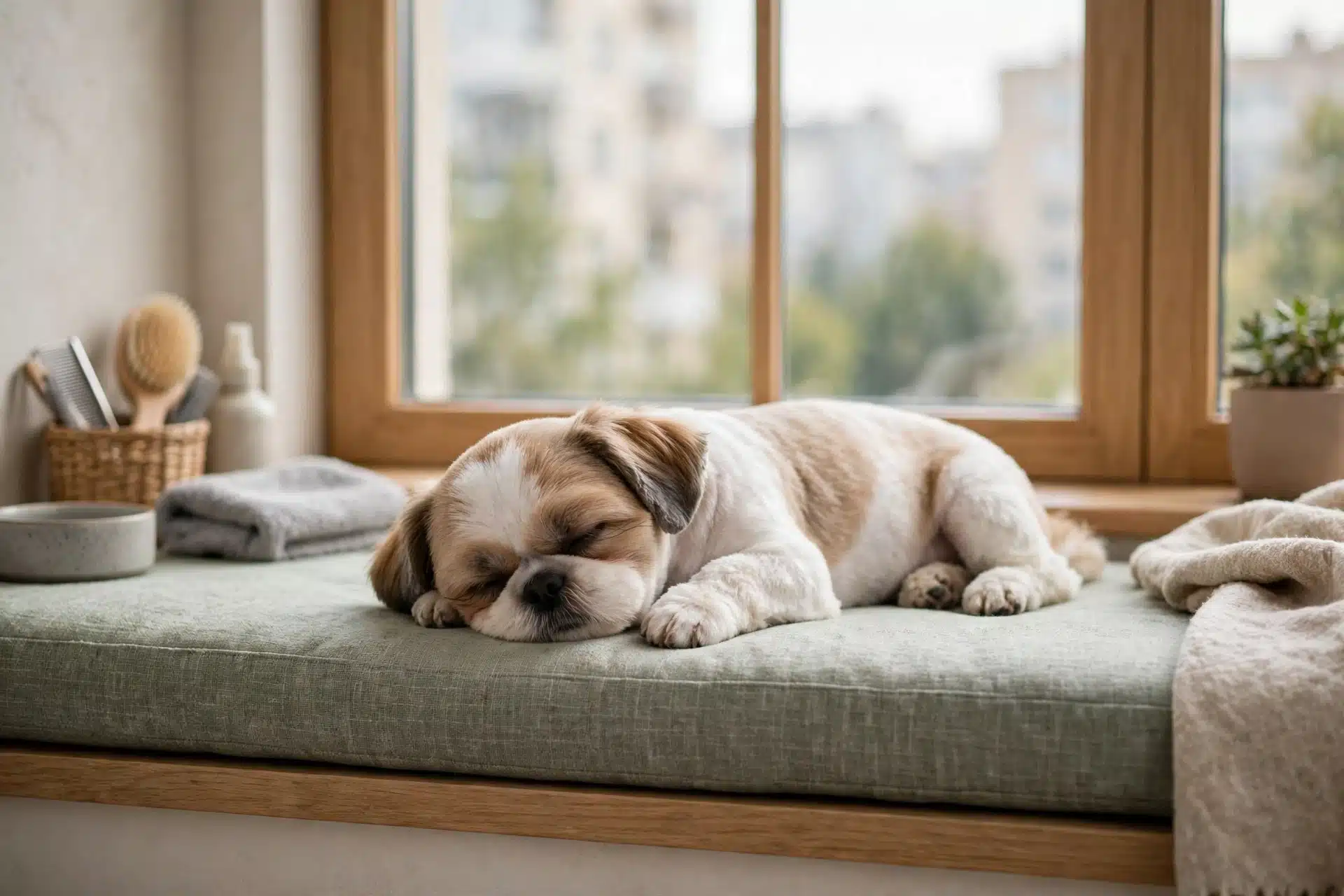 Shih Tzu puppy resting on cushioned window seat