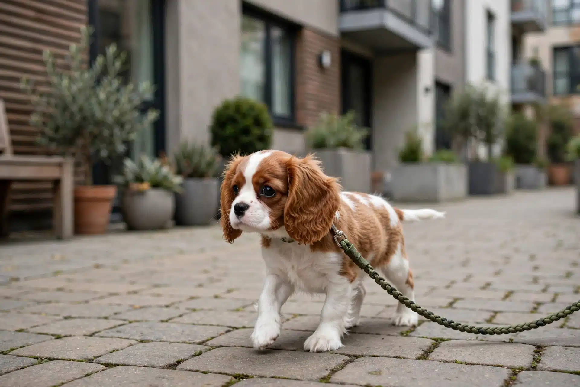 Cavalier puppy on leash in apartment courtyard