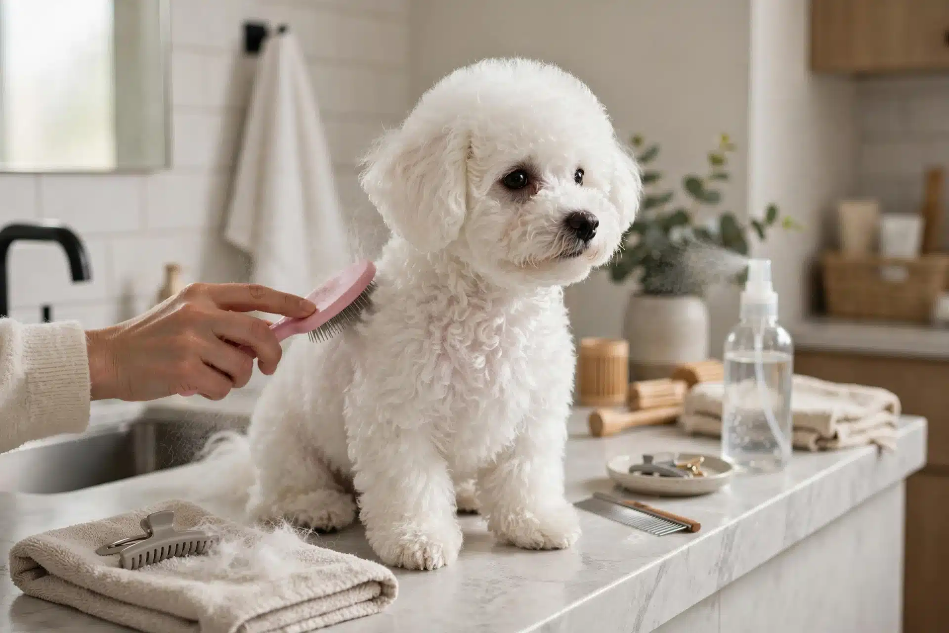 Fluffy white Bichon Frise puppy during home grooming