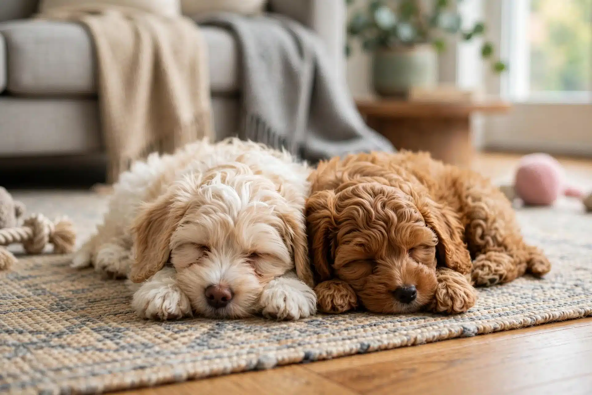 Two fluffy puppies resting on living room rug