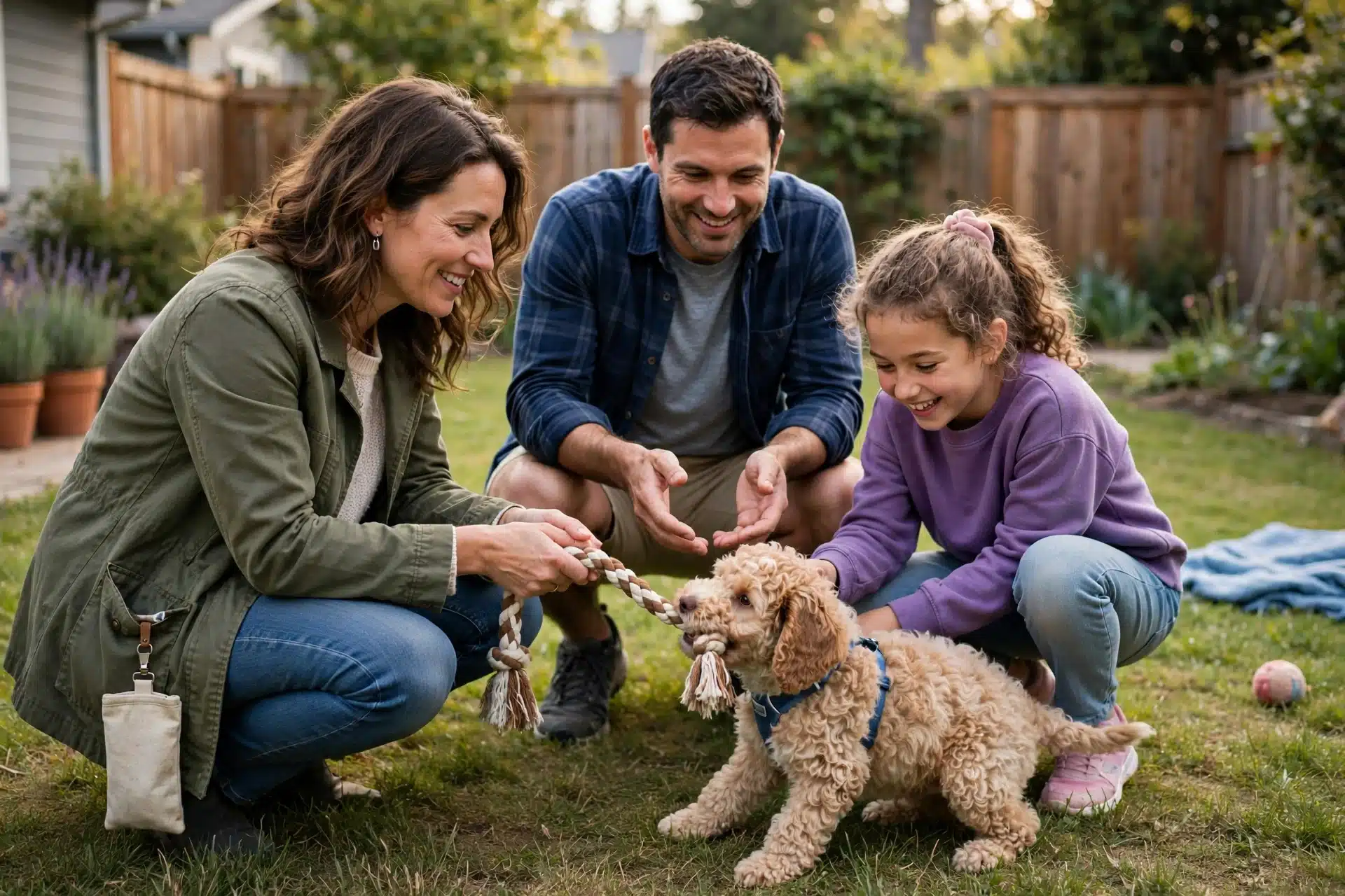 A family plays tug with a doodle puppy on a sunny lawn