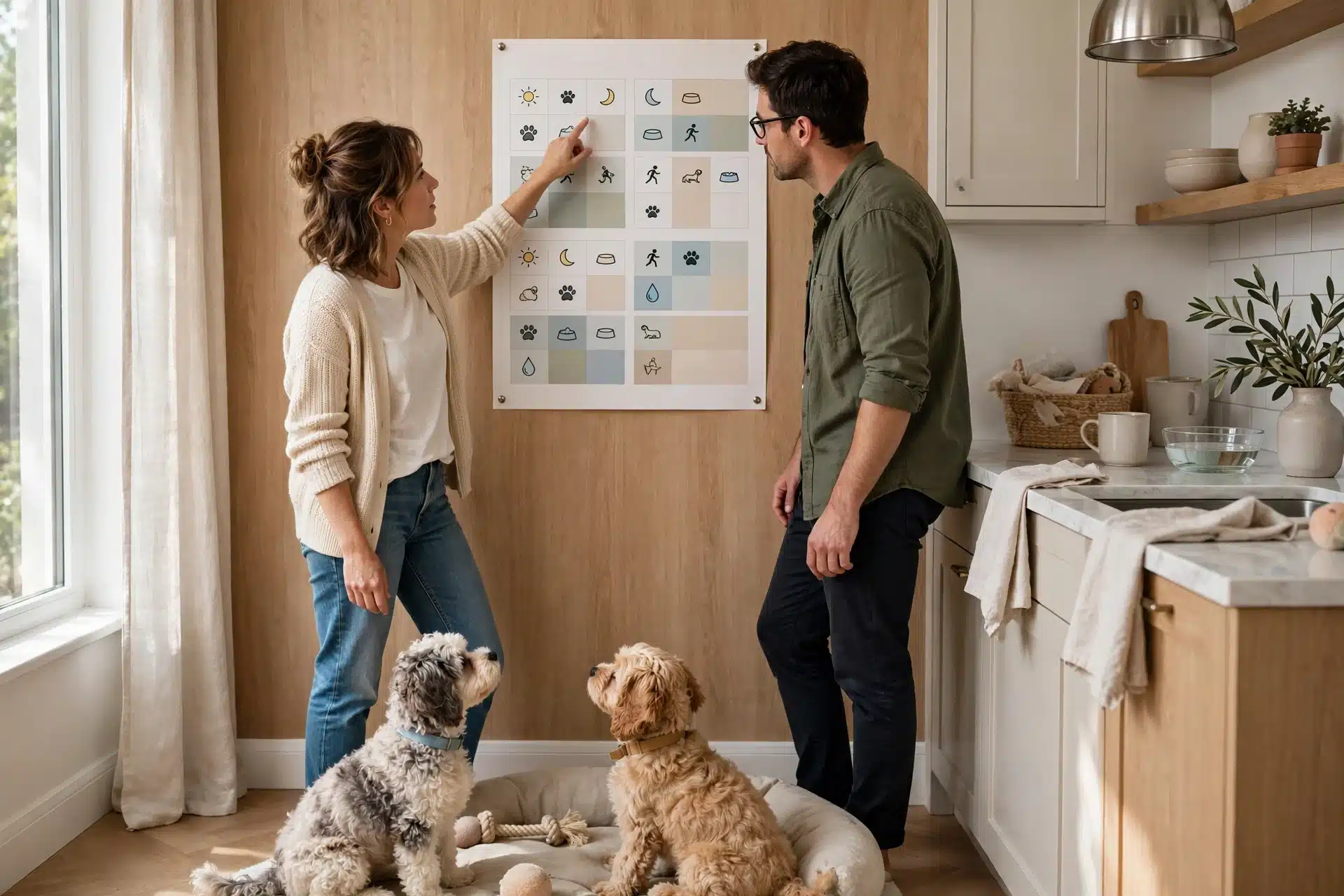 Two owners consulting a kitchen puppy schedule chart