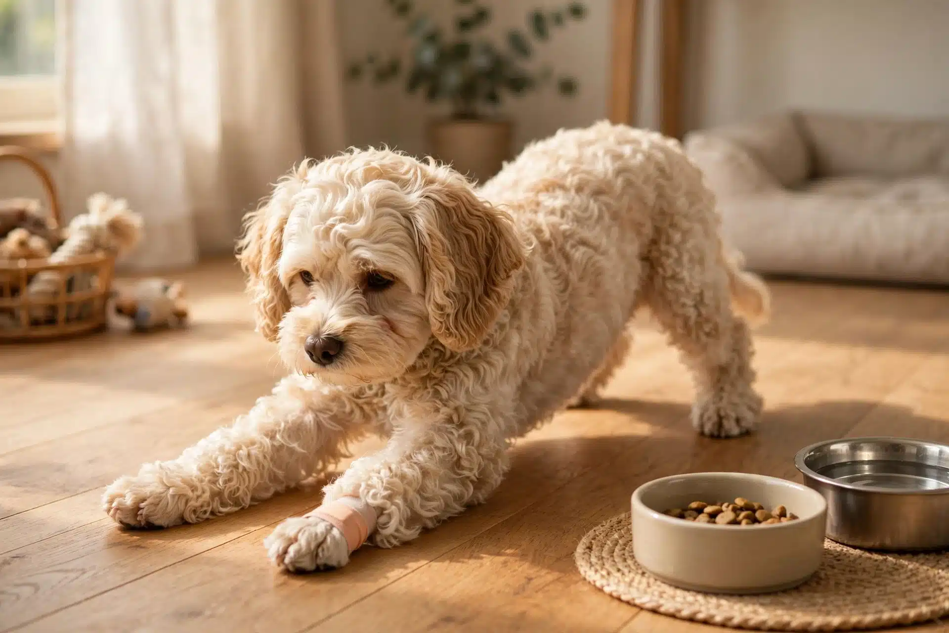 A stiff doodle puppy stretching on hardwood floor