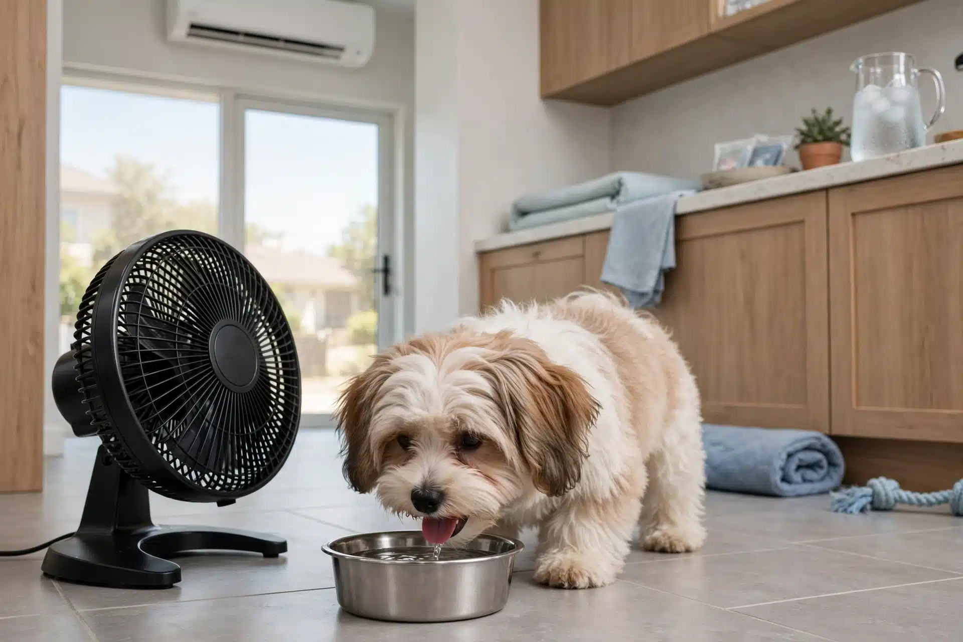Havanese puppy drinking beside a rotating fan