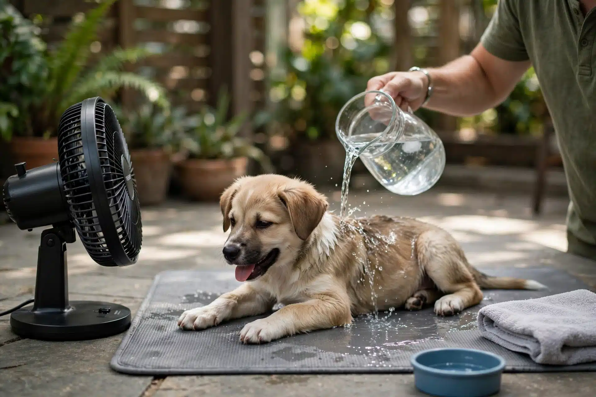 Owner pouring cool water over puppy on shaded patio