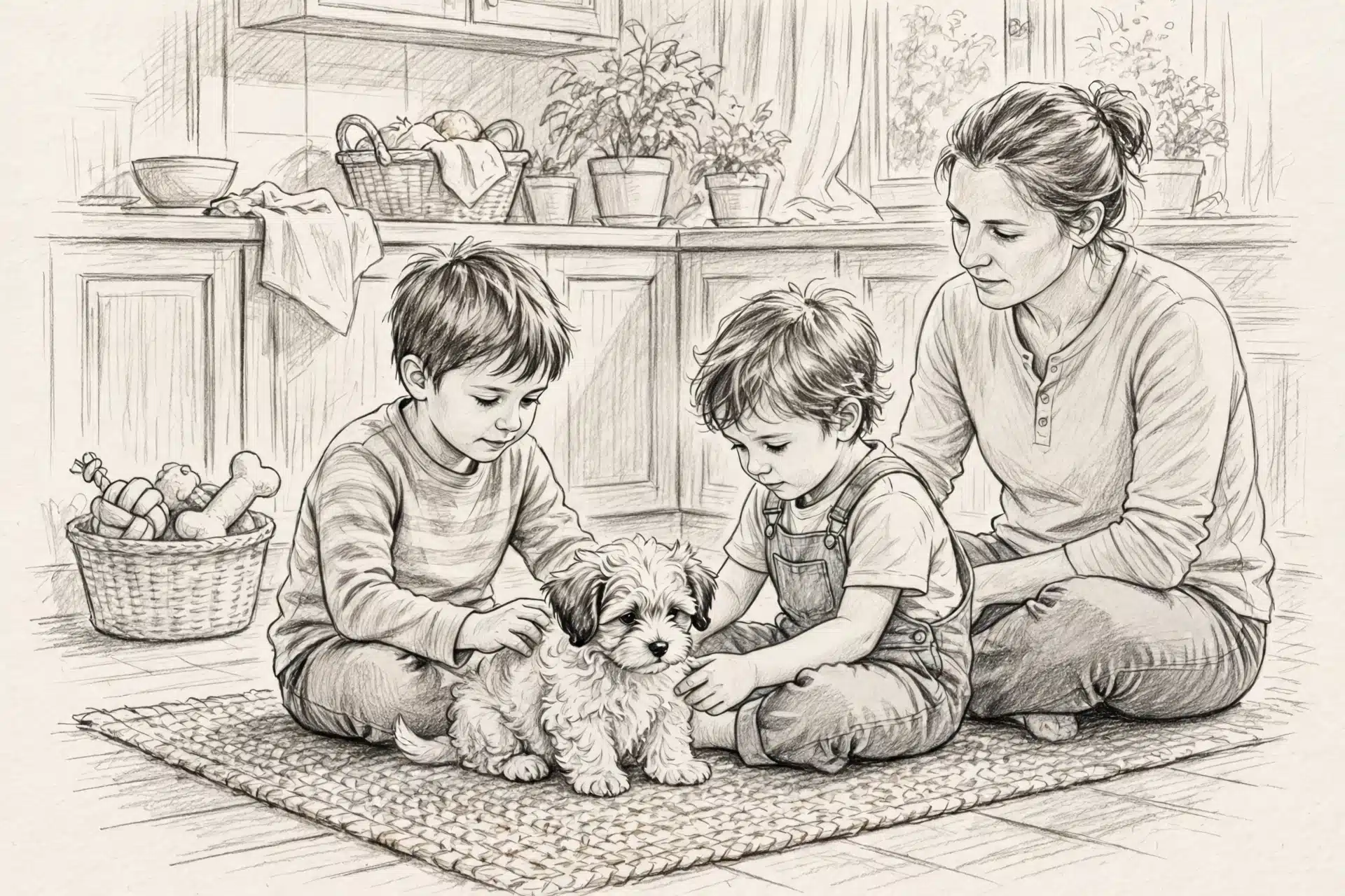 A pencil sketch of children gently petting a small puppy