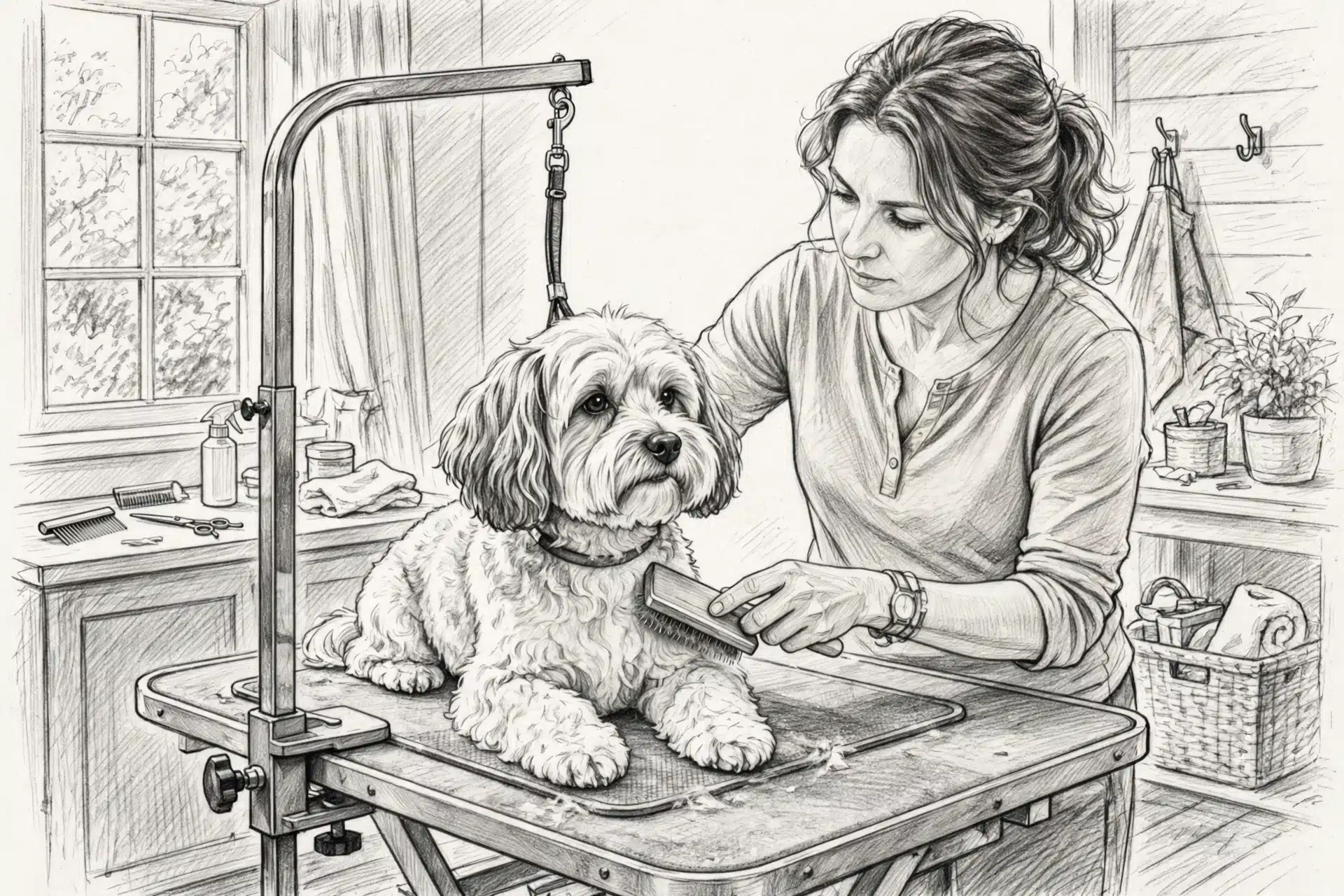 Pencil sketch of owner brushing Havanese on grooming table