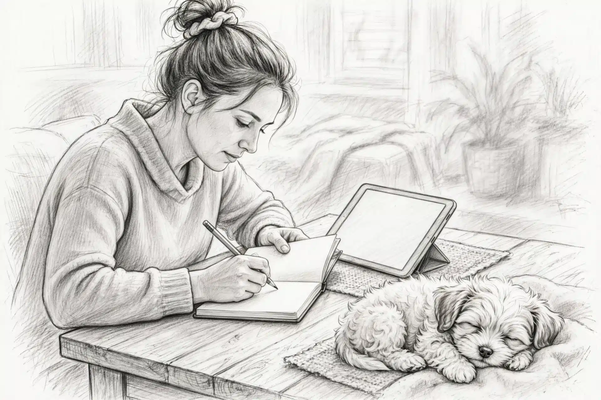 Family reviewing puppy listing on tablet