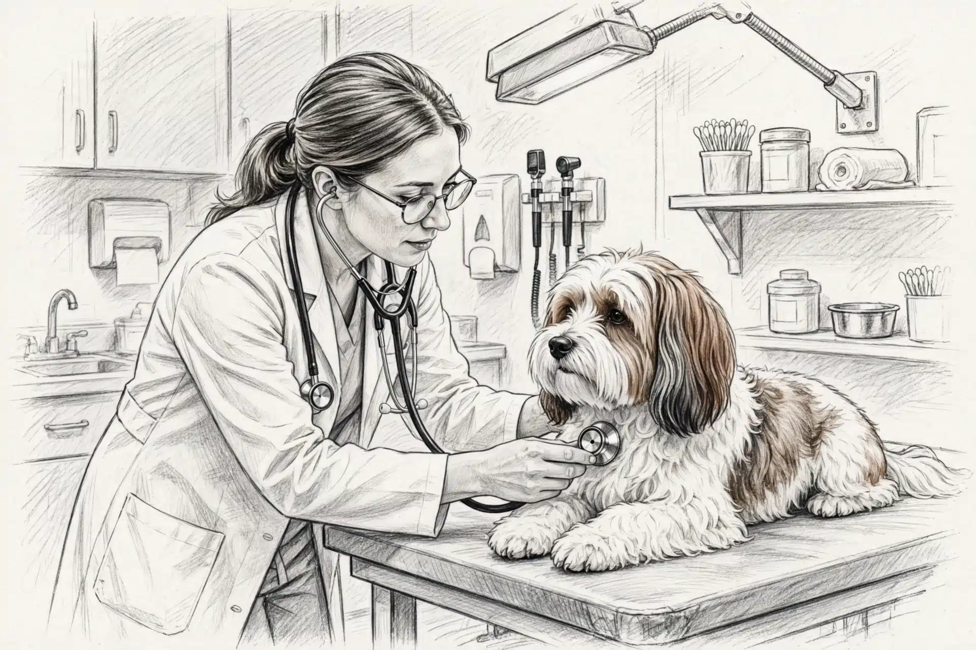 Veterinarian examining calm Havanese parent dog