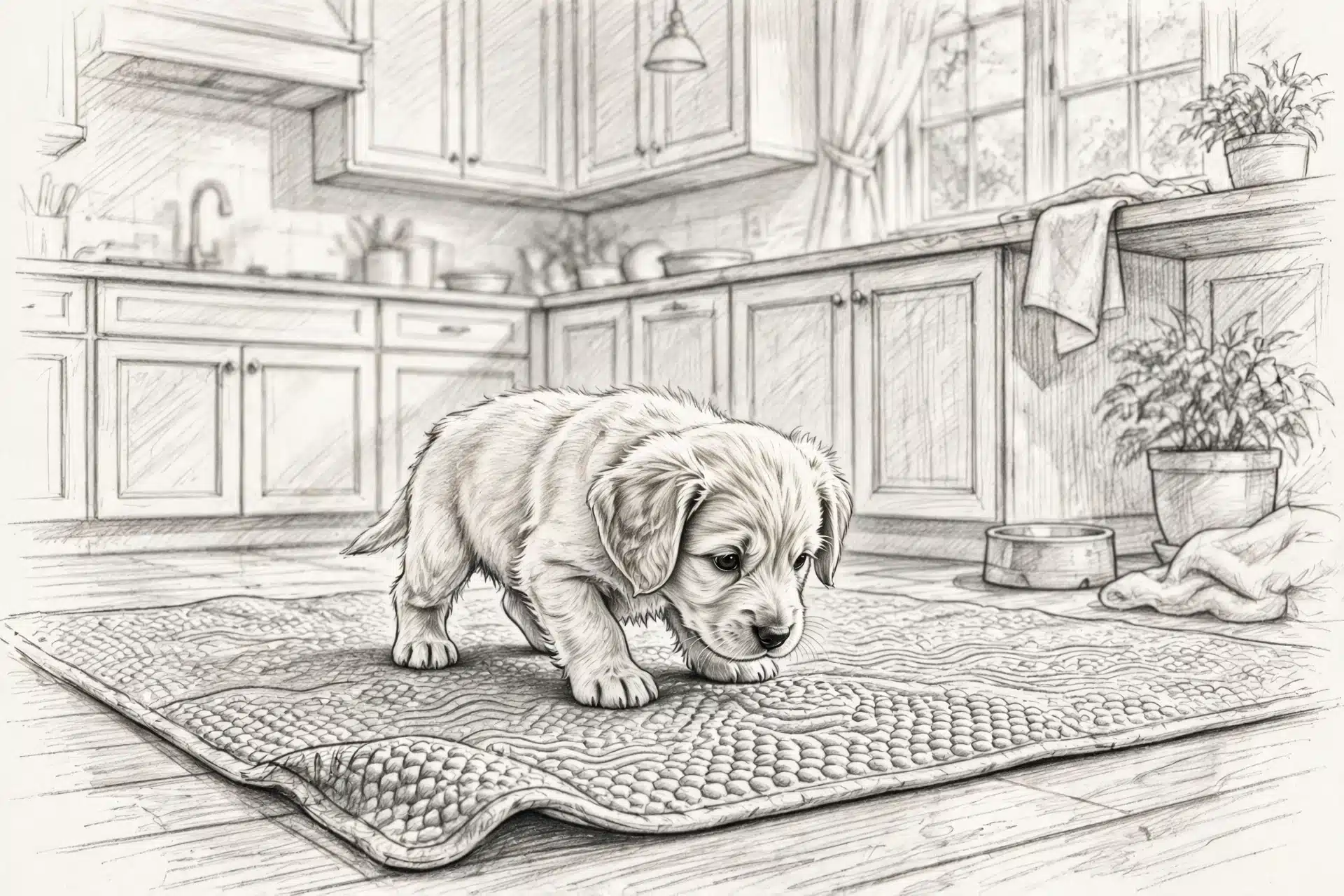Puppy exploring textured kitchen floor