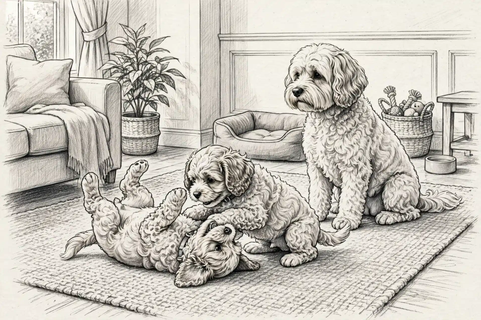 Two Cavapoo puppies tumbling on rug