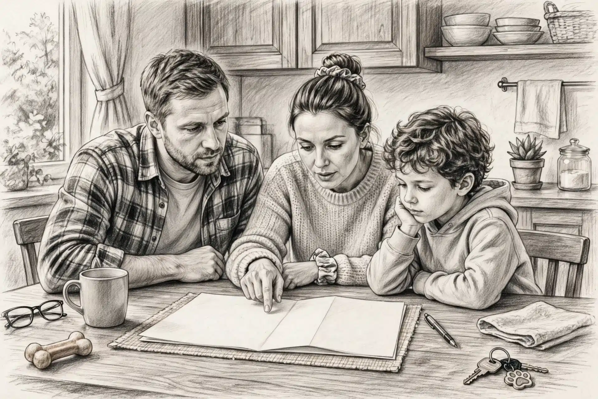 Family reviewing puppy reservation agreement at table