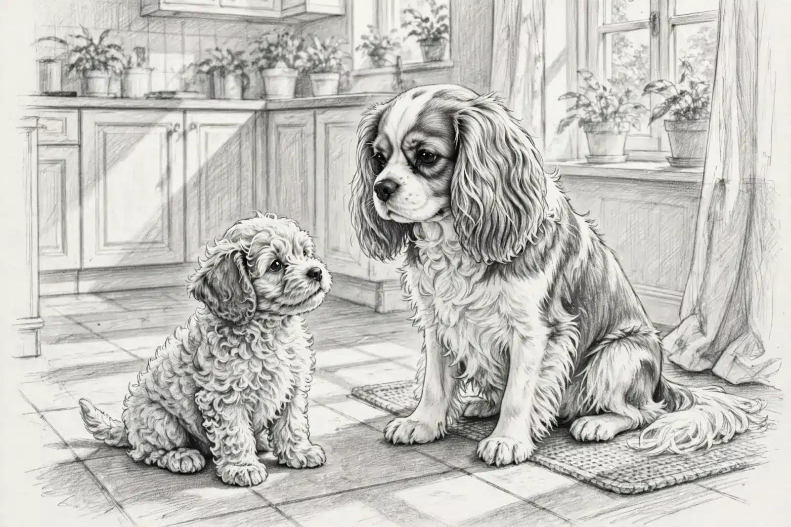 A fluffy Cavapoo puppy sits attentively, looking up at a larger Cavalier King Charles Spaniel in a sunlit kitchen. This adorable puppy comparison highlights the charm of both breeds.