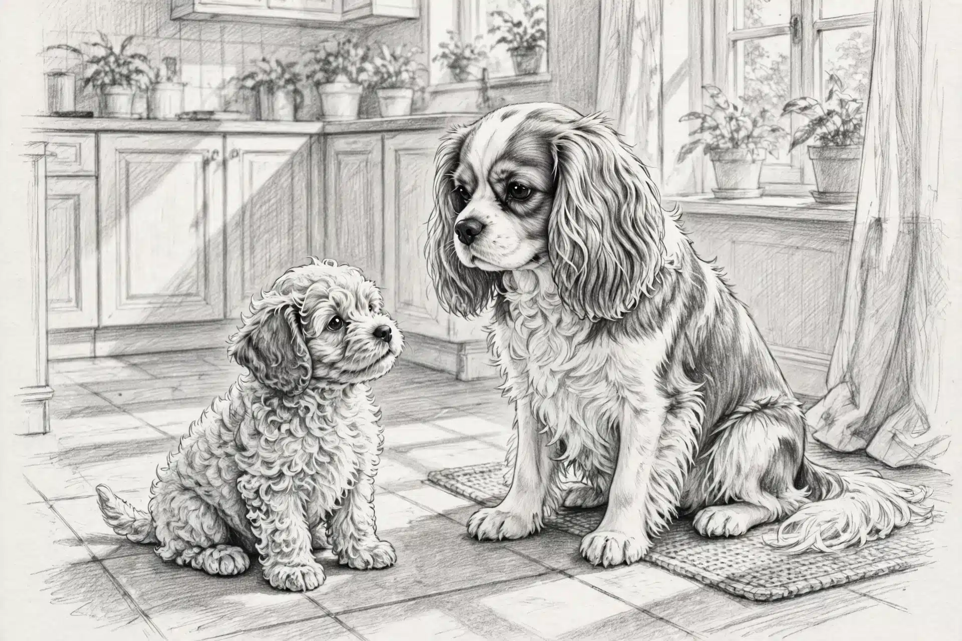 Apricot Cavapoo puppy beside its spaniel mother