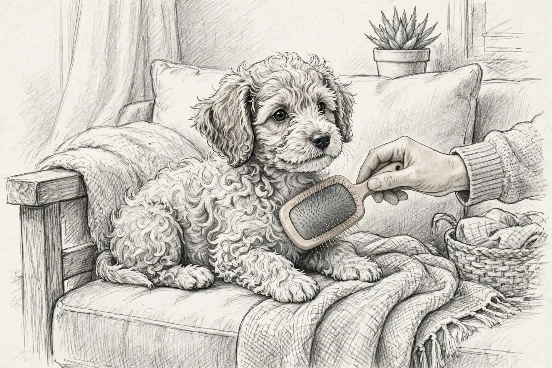 Pencil sketch of wavy puppy brushed on couch