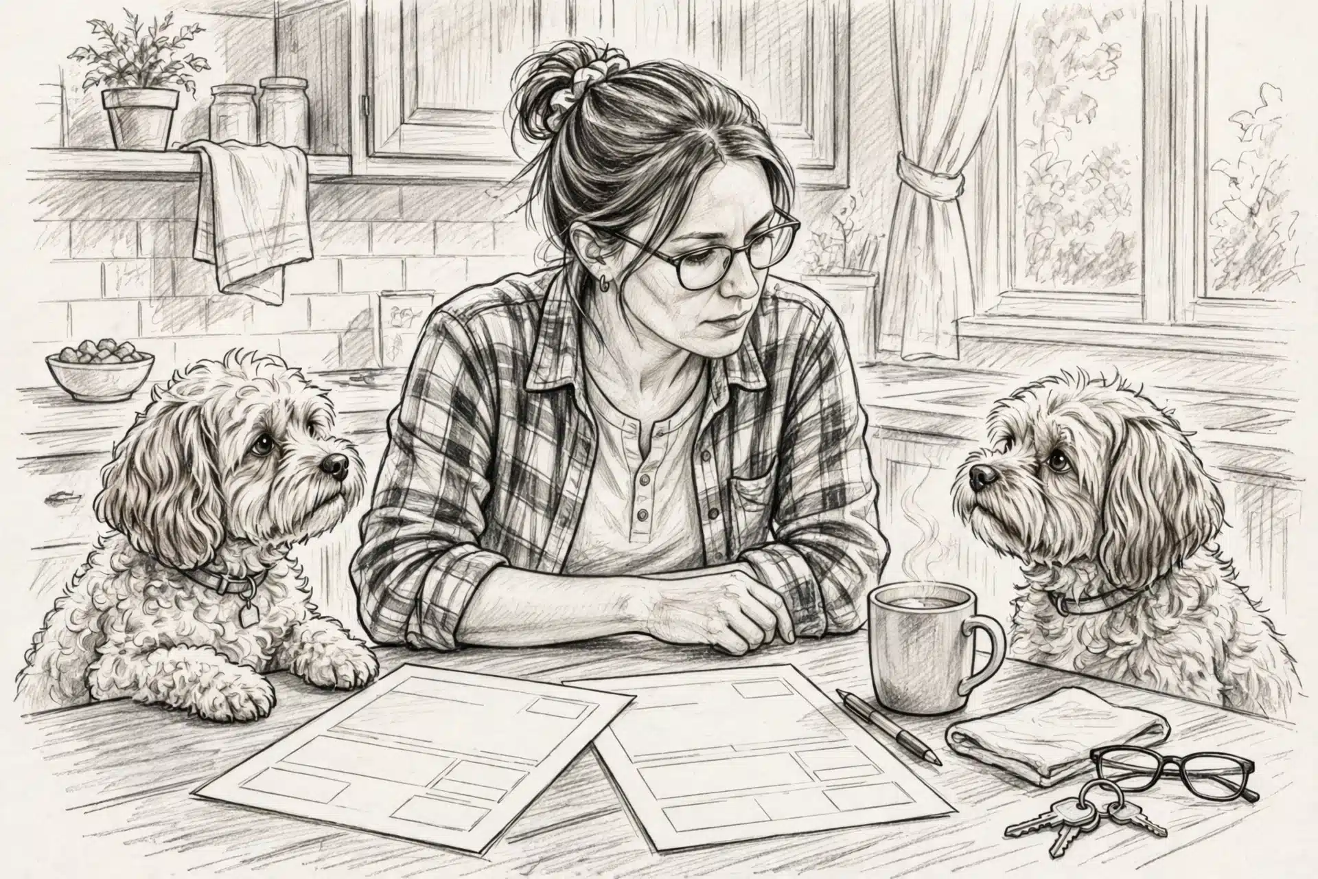 Breeder reviewing OFA certificates at kitchen table