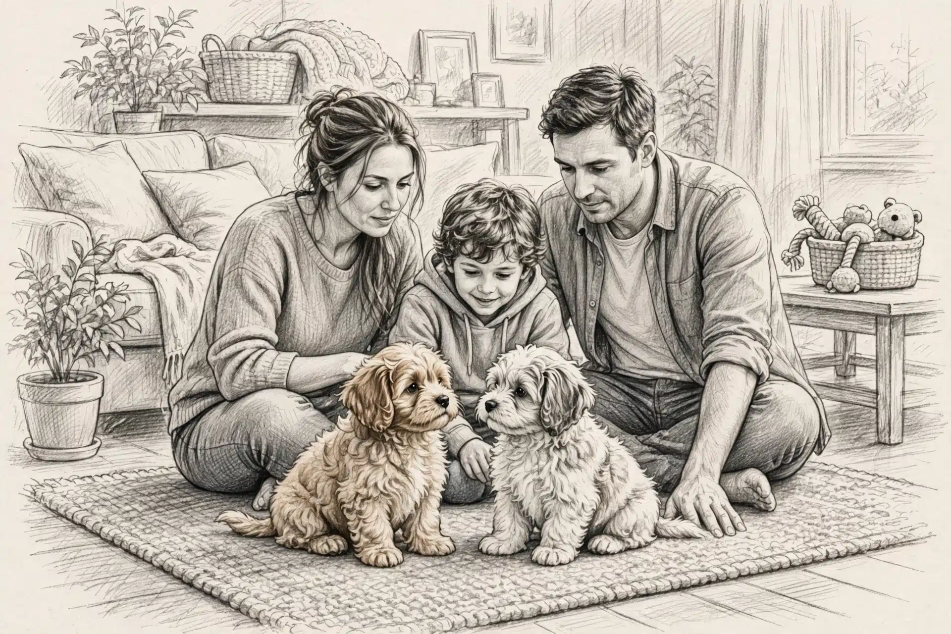 Family meeting two fluffy puppies on rug