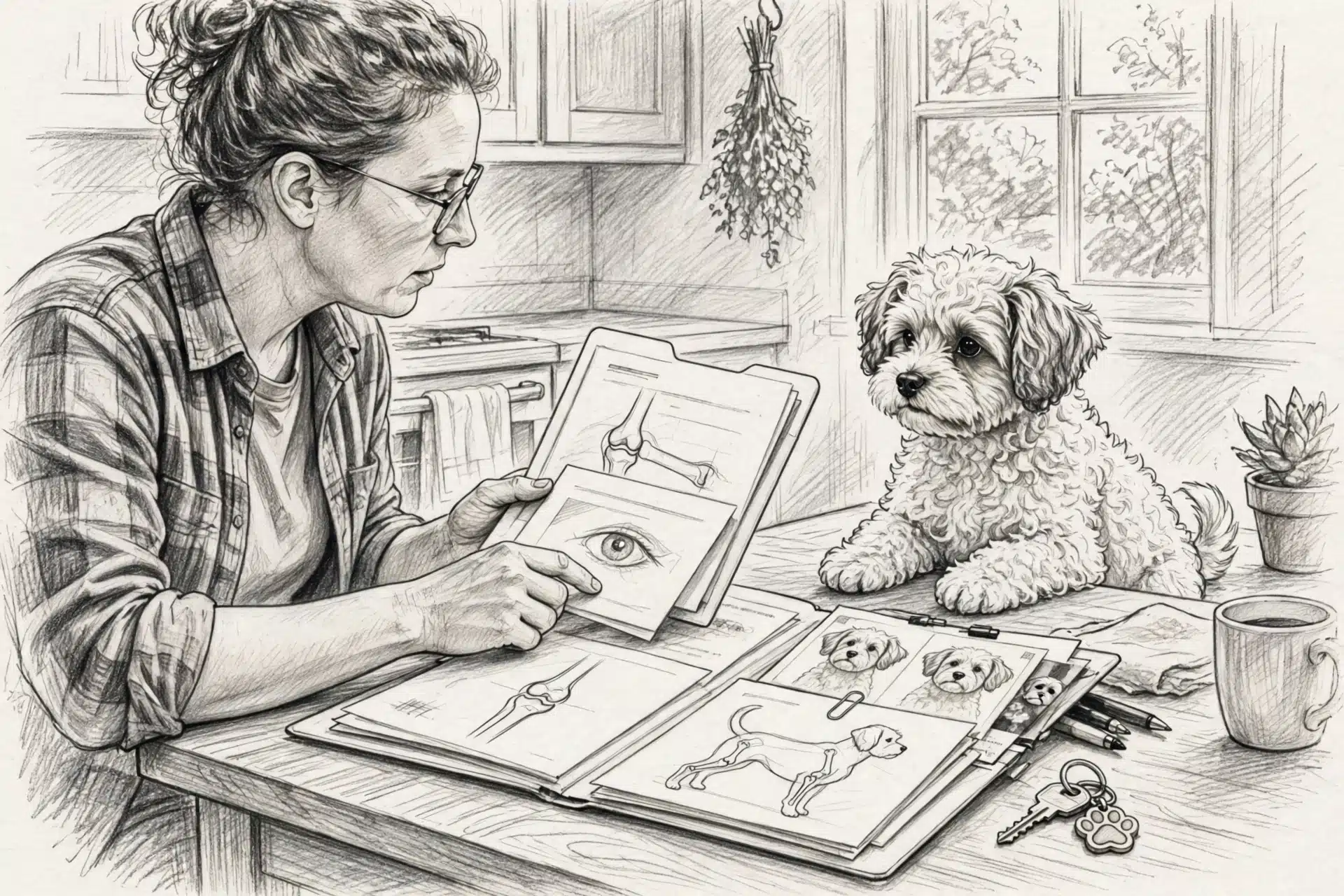 Pencil sketch of breeder presenting OFA folder with Havanese on table