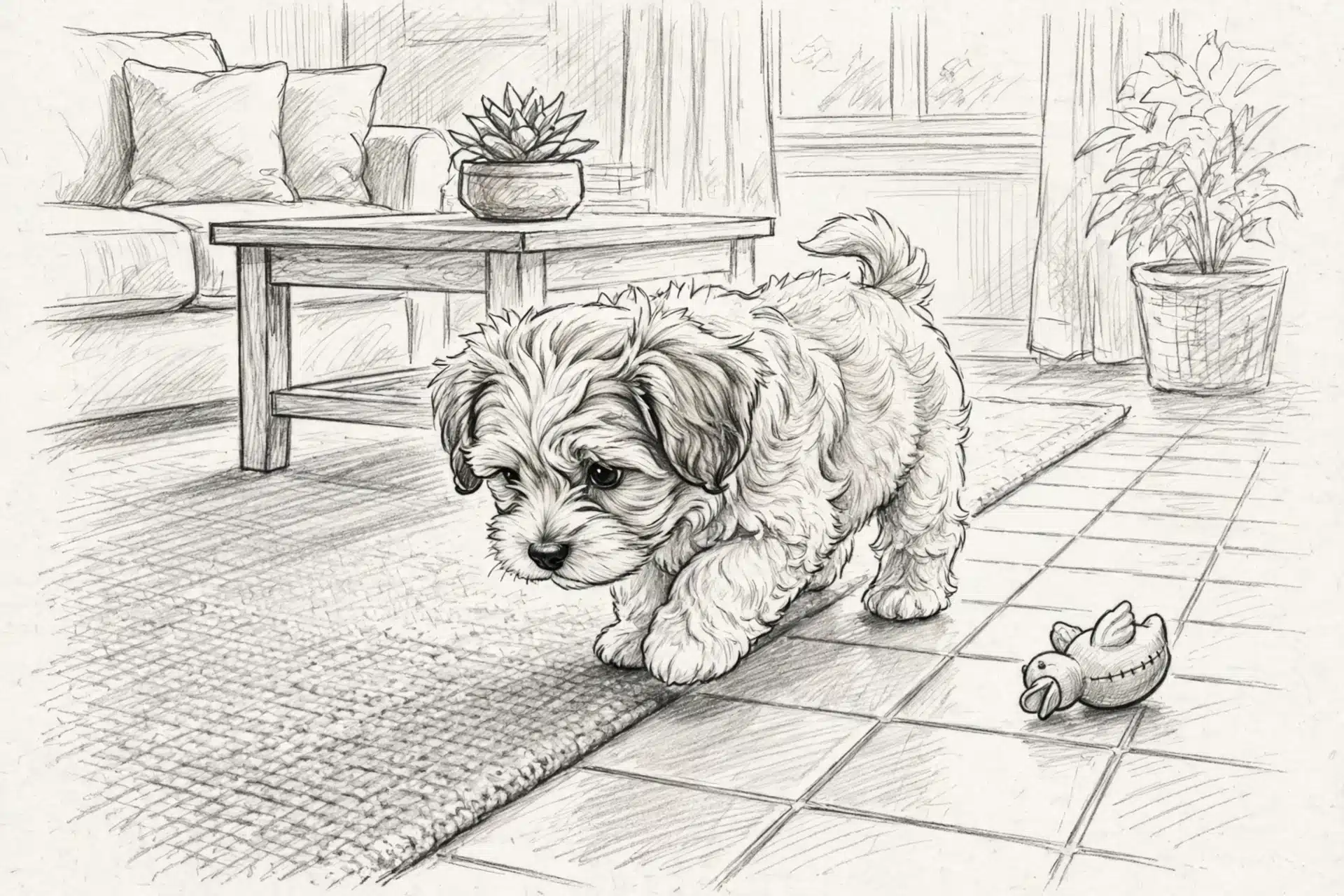 Havanese puppy exploring floor tile textures beside a squeaky toy