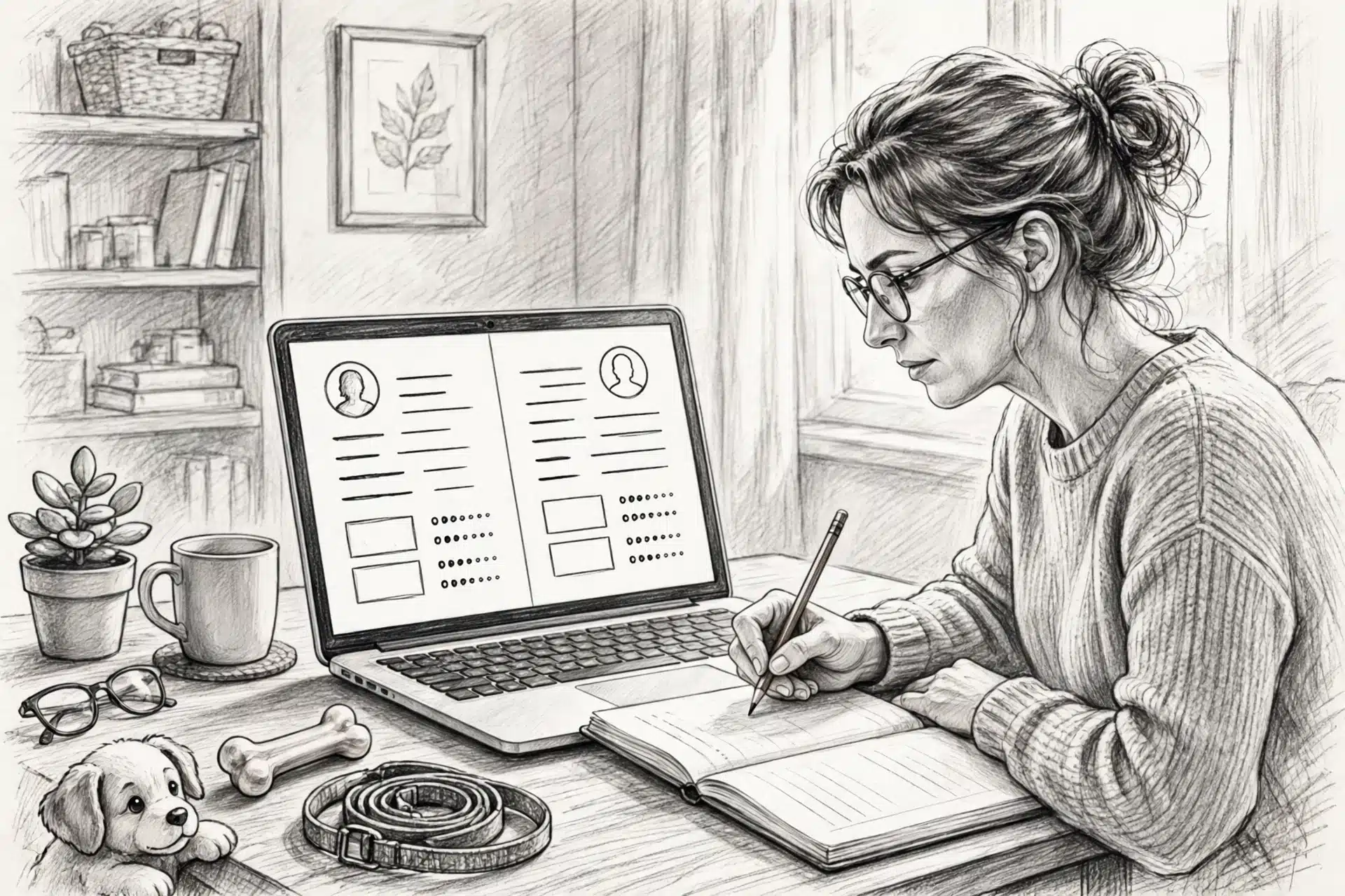 Woman comparing breeder profiles with handwritten notes