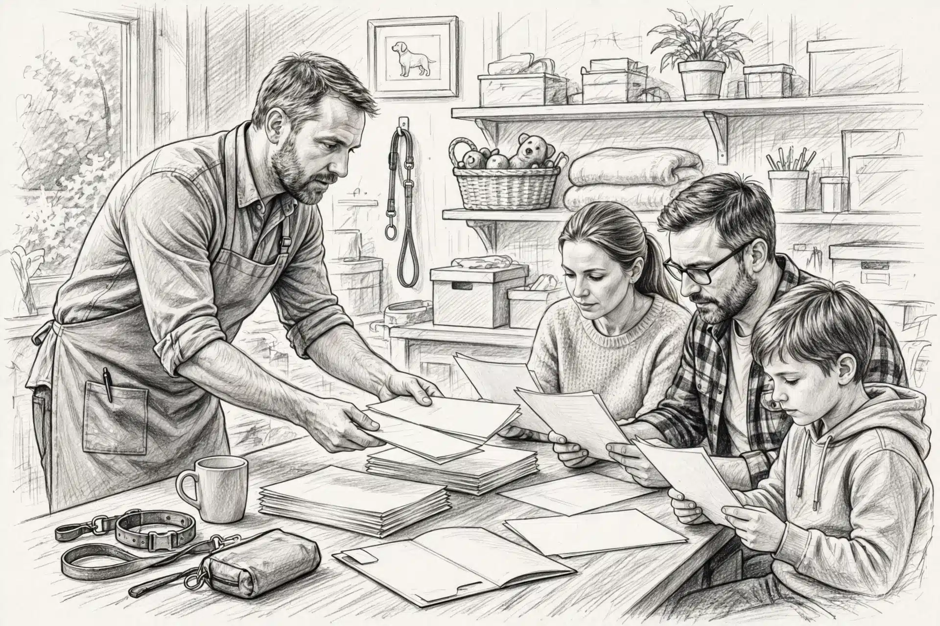 Breeder handing health reports to family