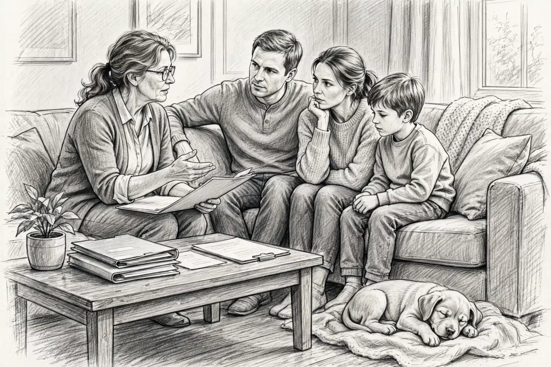 Family reviewing health documents with puppy