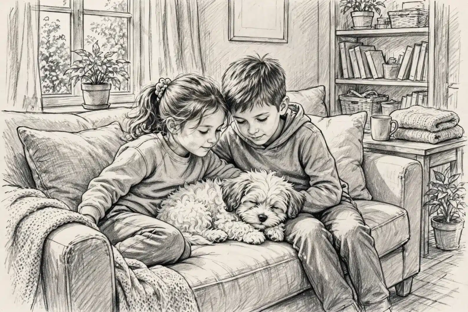 Two children and a fluffy puppy cuddle on a sofa, a heartwarming scene of companionship and the gentle nature of Havanese or Cavapoo puppies.