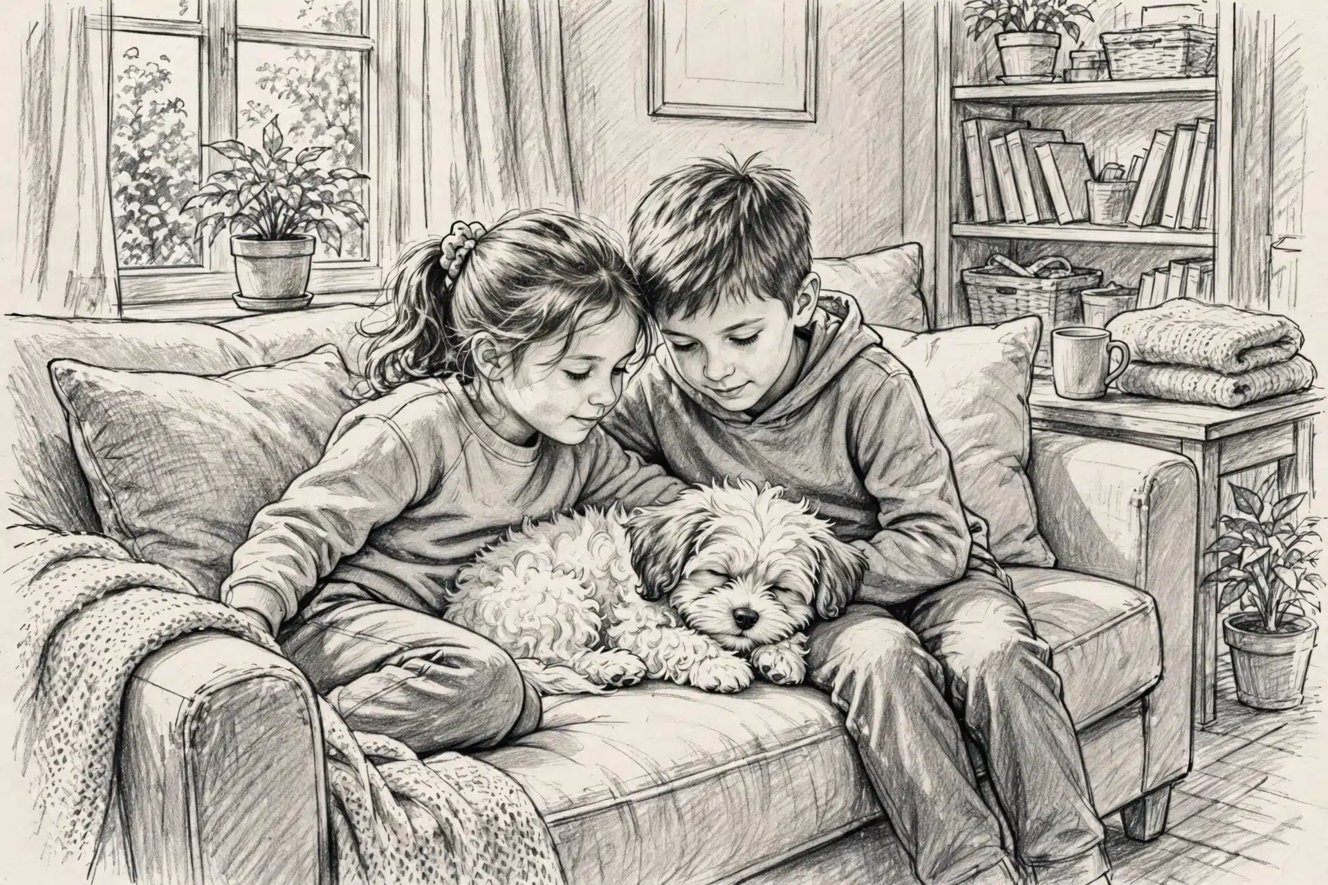 A fluffy Havanese puppy resting beside children on a sofa