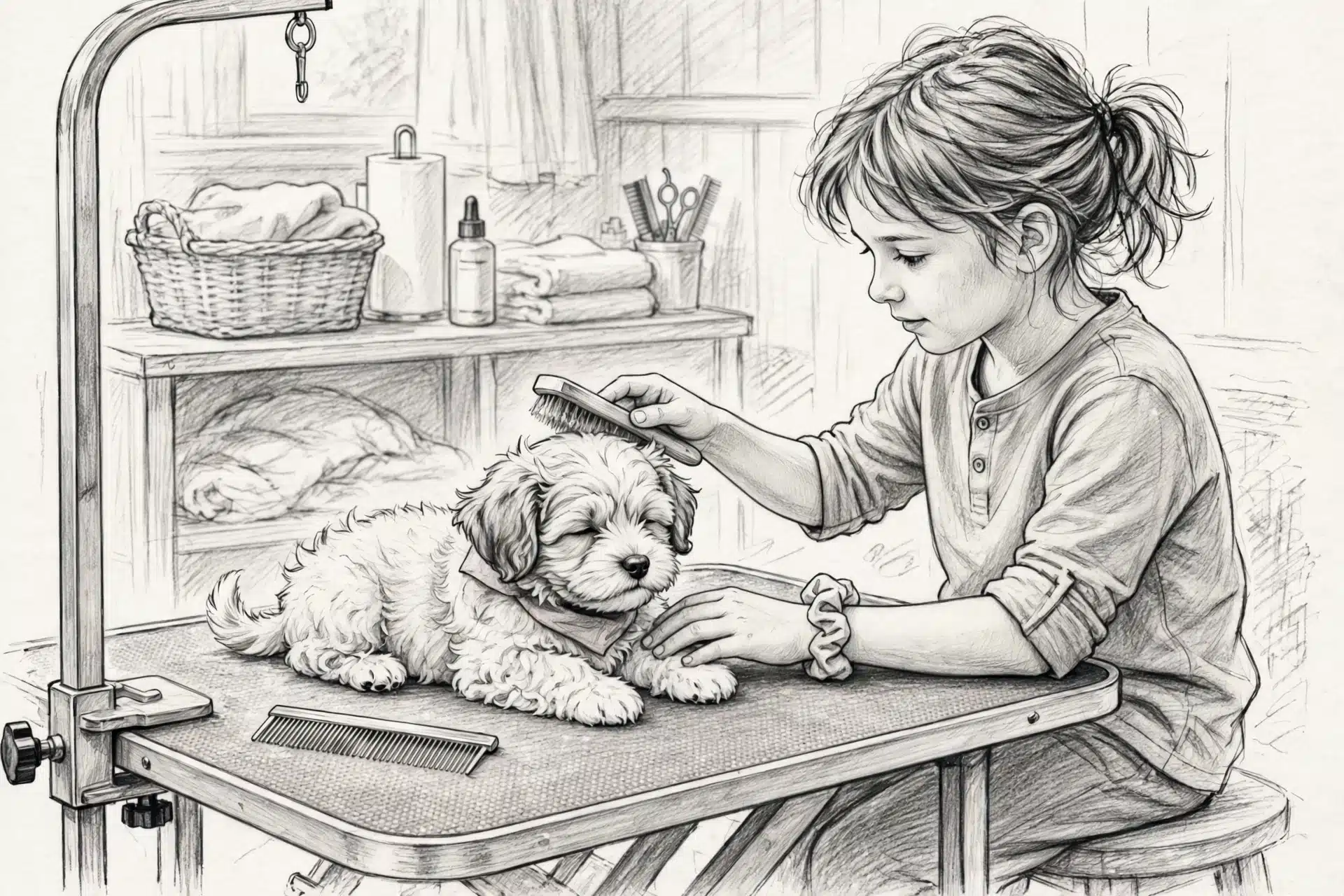 Child brushing fluffy puppy on grooming table
