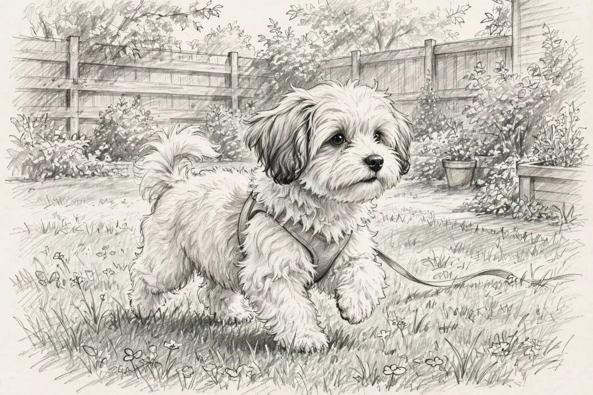 A Havanese puppy trotting across a sunlit backyard lawn