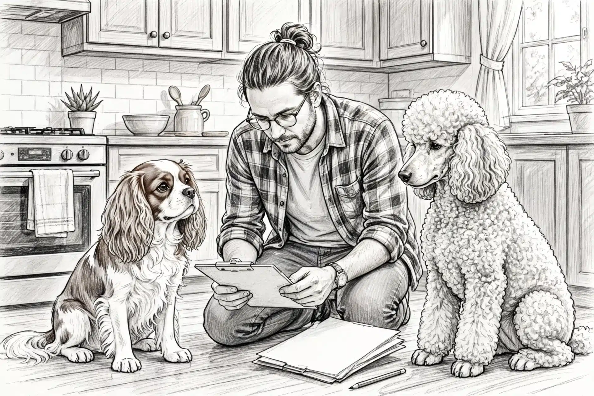 Breeder reviewing health records beside two dogs