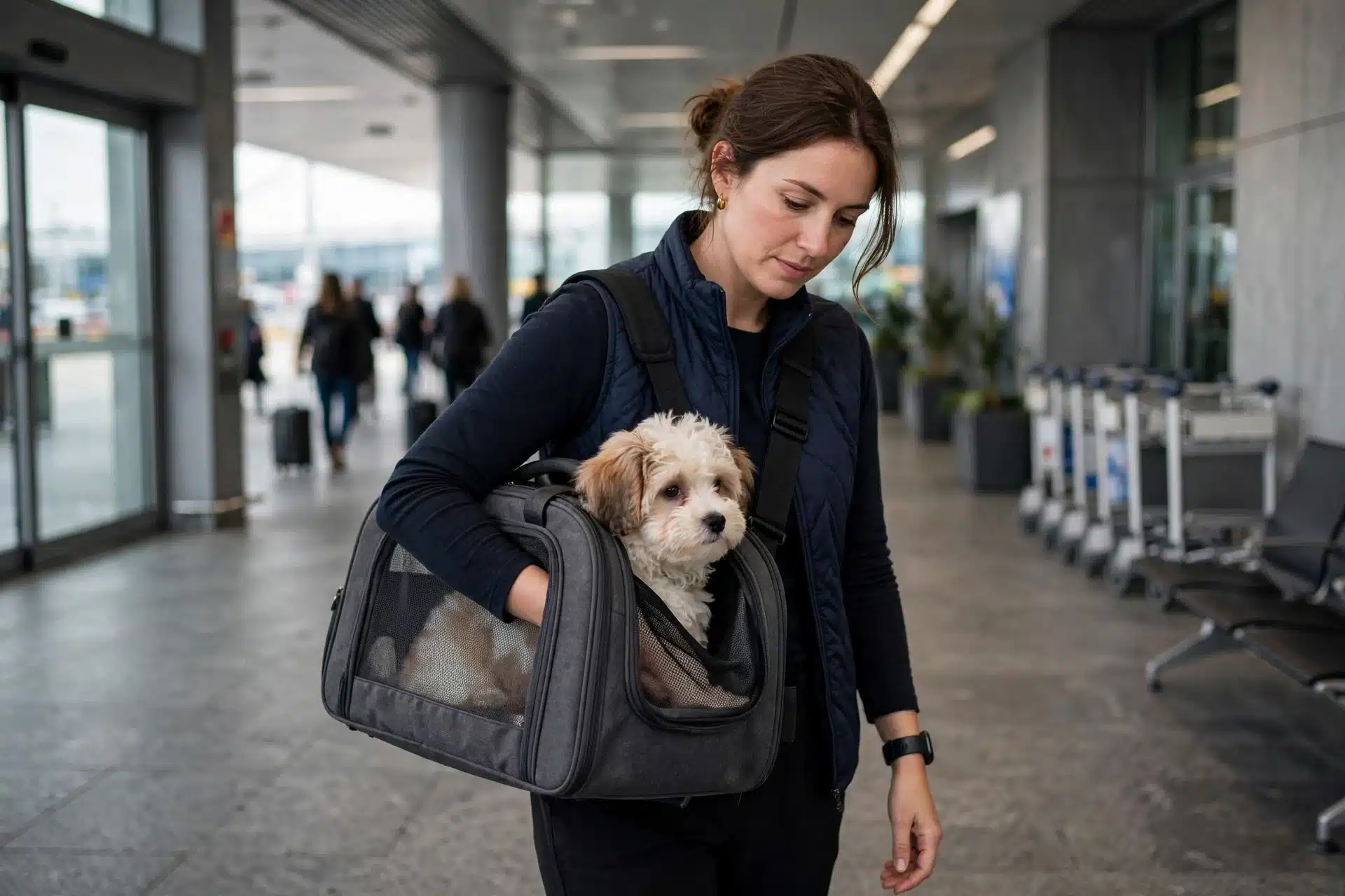 Flight nanny carrying puppy through airport arrivals