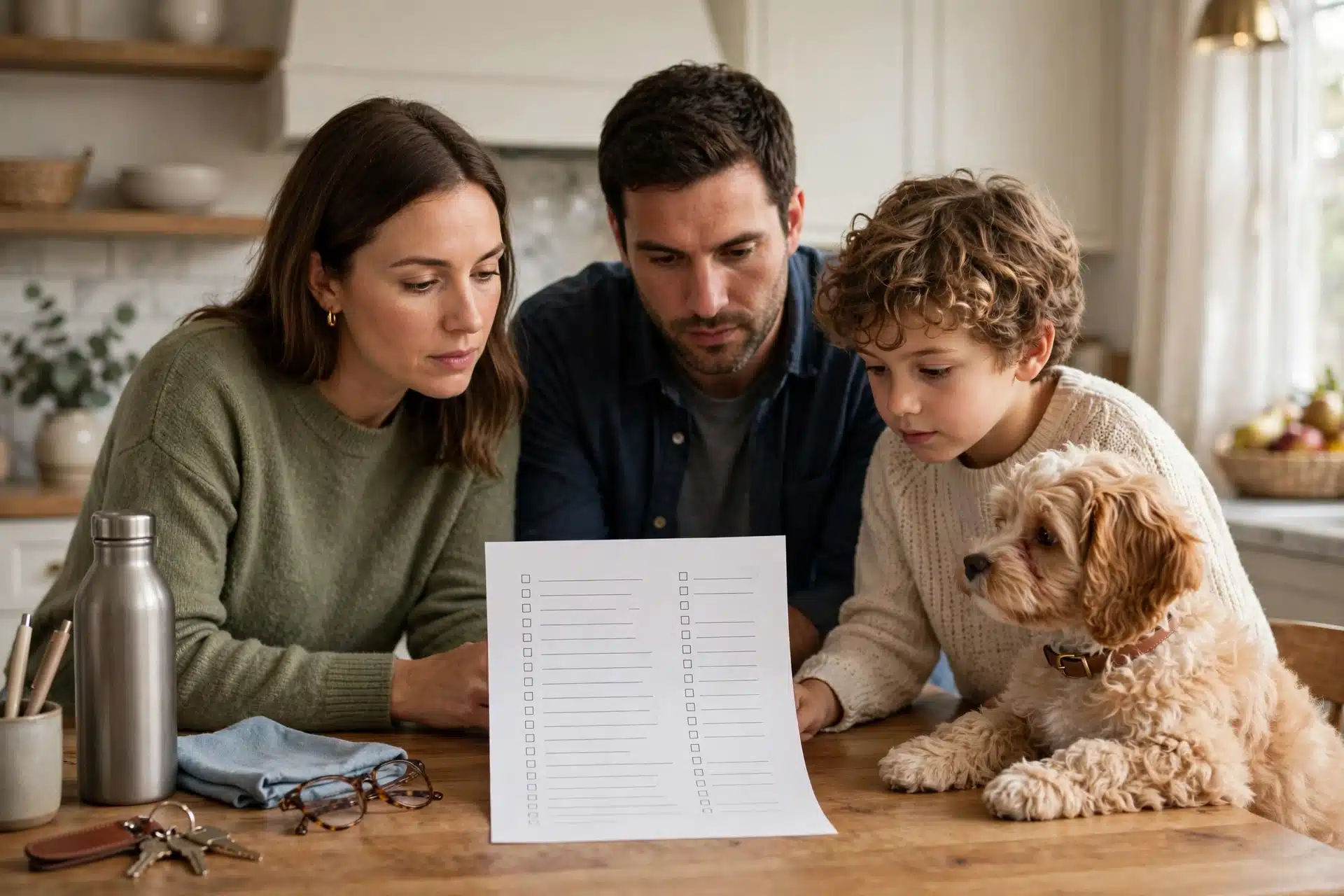 Family reviewing puppy health checklist with Cavapoo