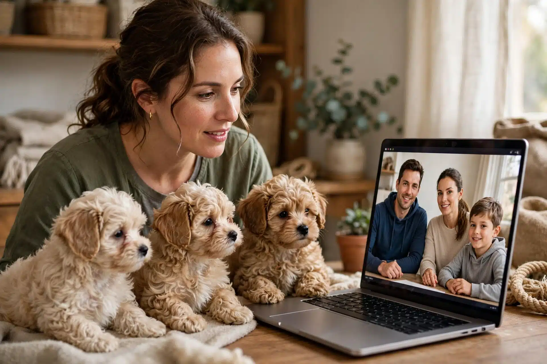 Breeder video call with family viewing puppies