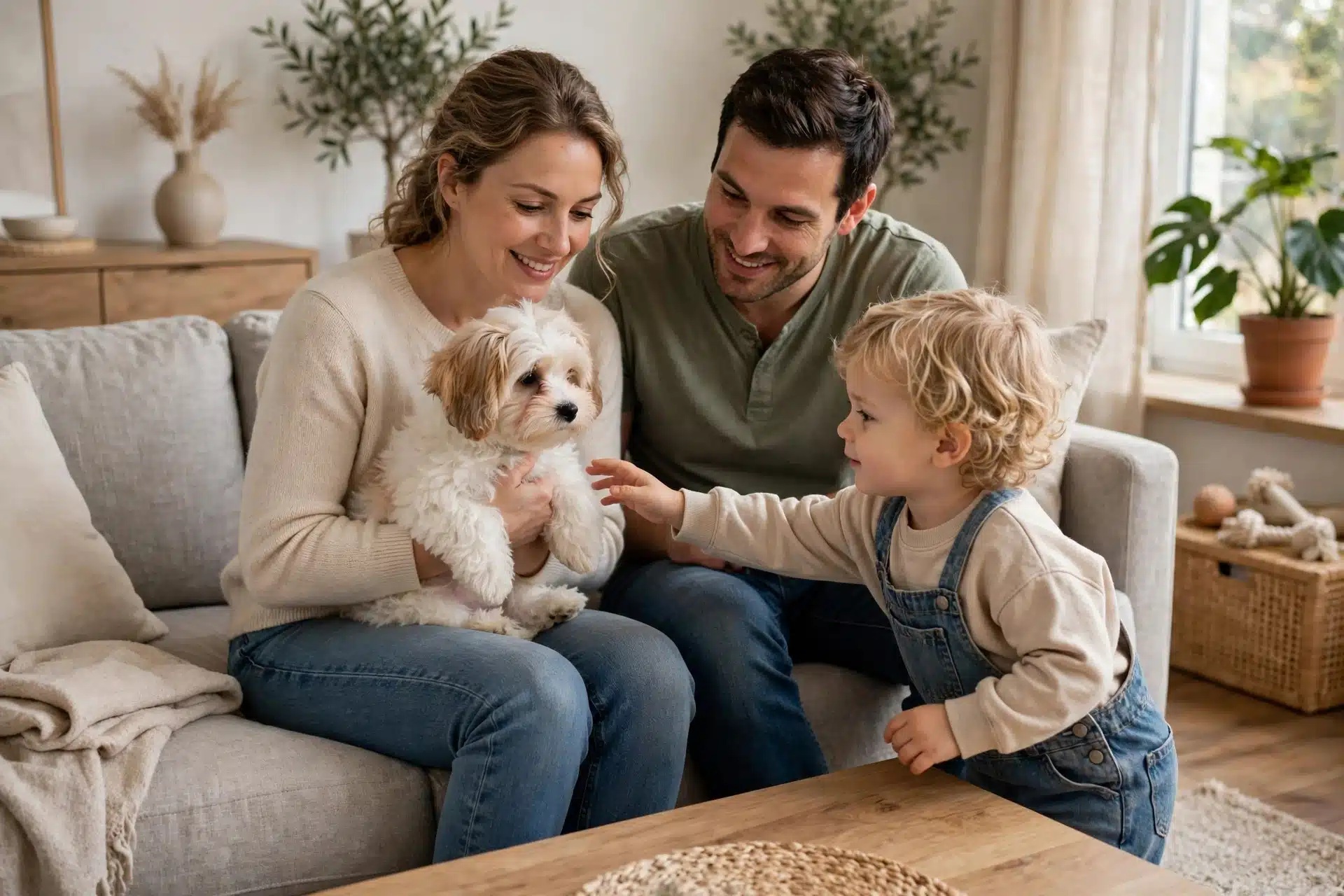 A family gently meeting a small Havanese puppy