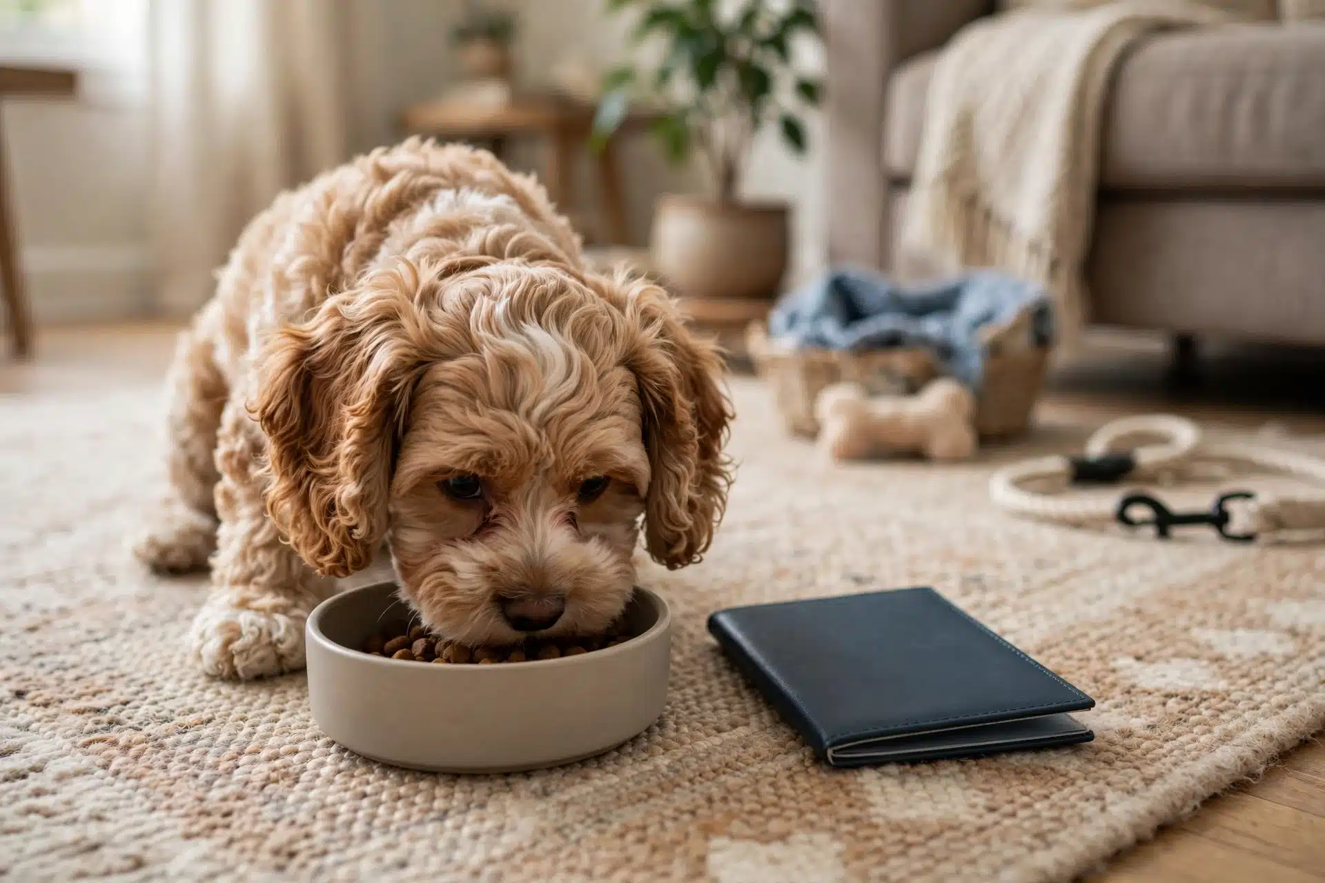 Cavapoo puppy eating beside vaccination record booklet