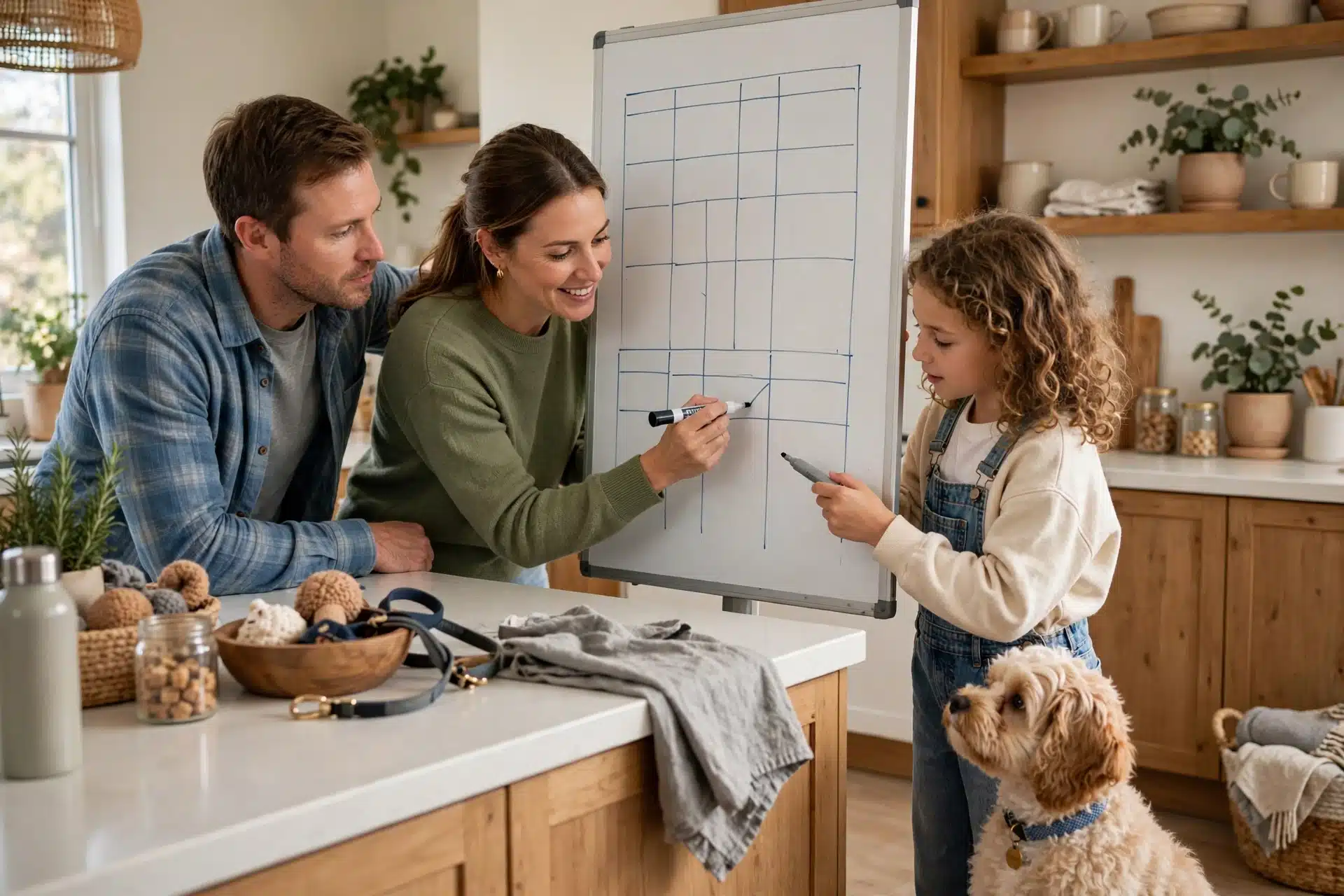 Family planning puppy schedule on kitchen whiteboard