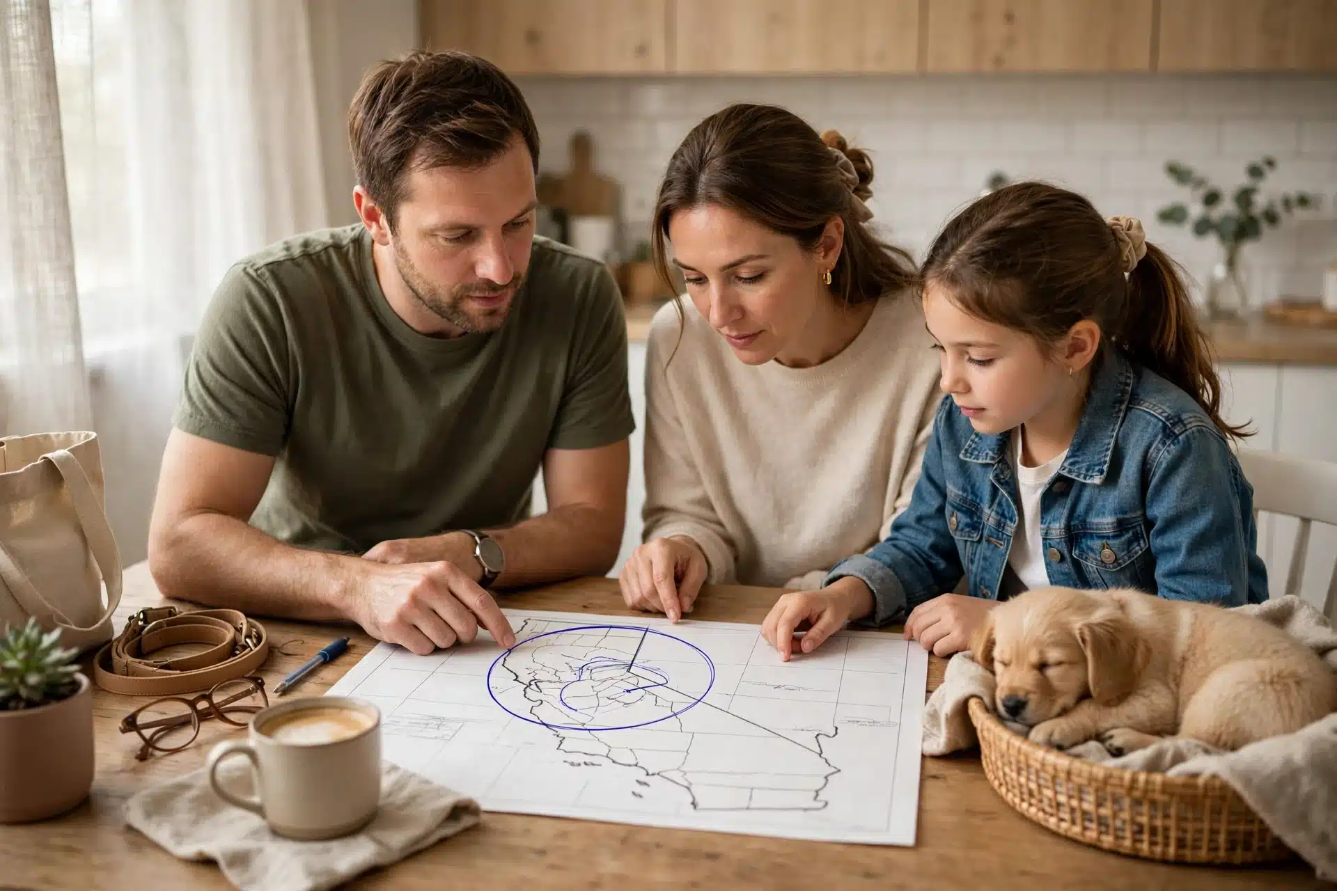 Family reviewing map with drawn radius circle