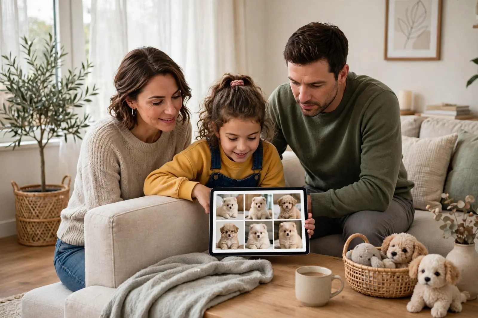 A happy family with a young girl looks at a tablet displaying adorable puppies, while two stuffed puppies sit in a basket nearby. This scene relates to finding local puppies.